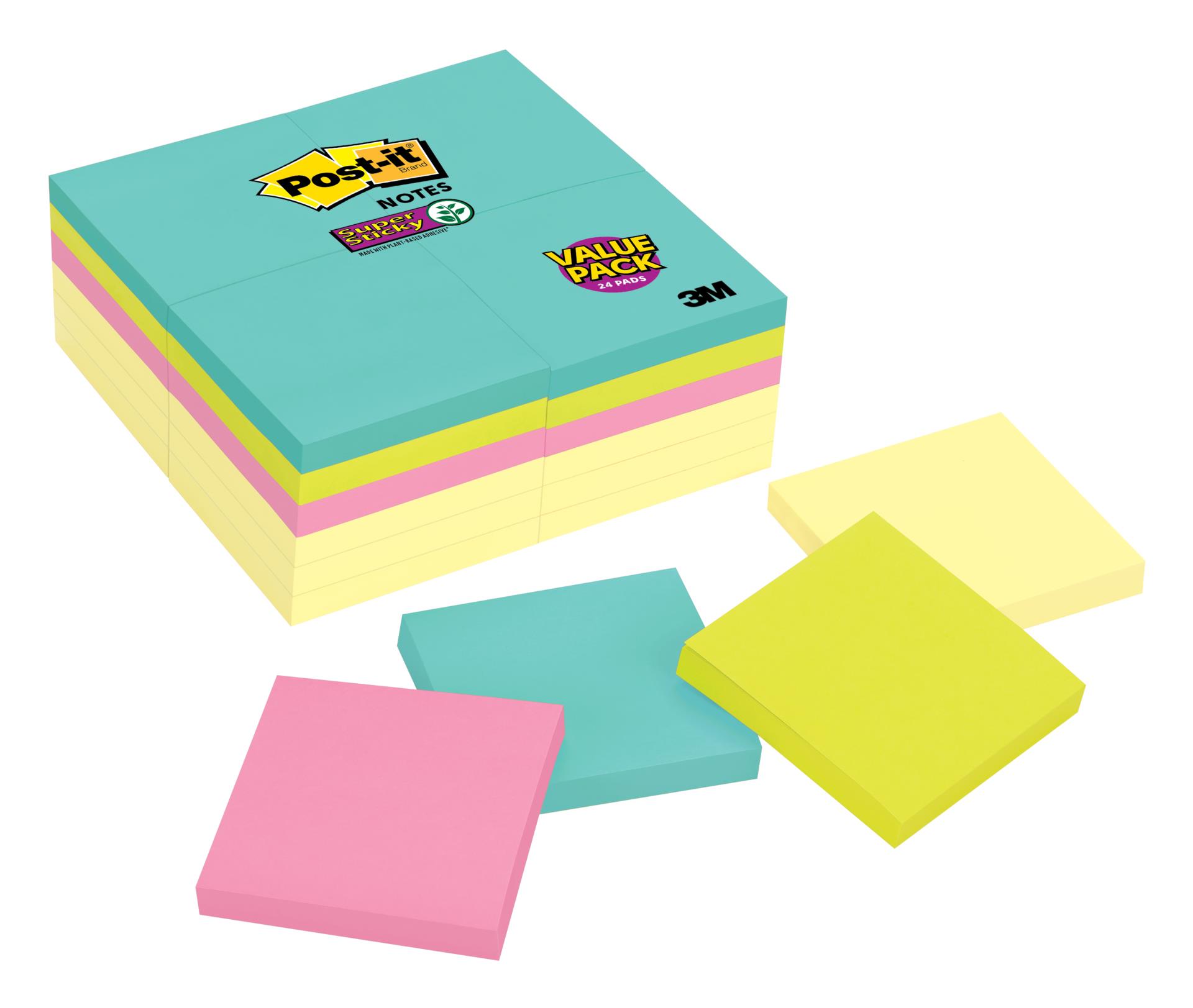 7100088279 - Post-it® Super Sticky Notes 654-24SSCYM, 3 in x 3 in (76 mm x 76 mm), Miami Collection, 24 Pads/Pack, 90 Sheets/Pad