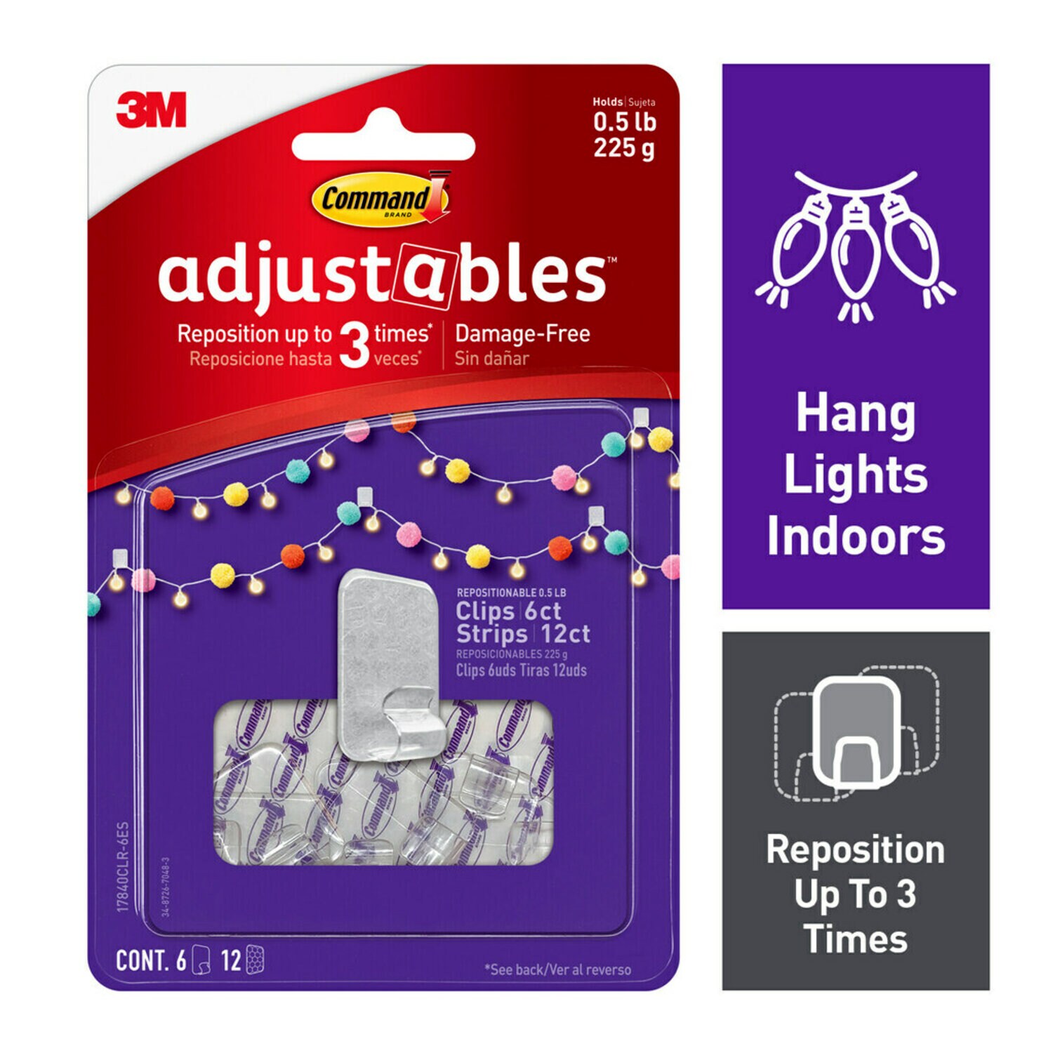 7100219658 - Command Adjustables Repositionable 1/2 lb Clips, 6 Clips, 12 Strips 17840CLR-6ES