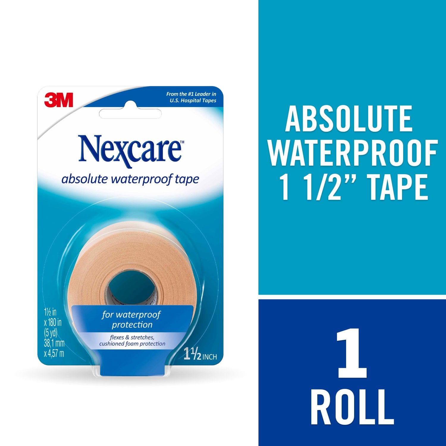 7100169257 - Nexcare Absolute Waterproof First Aid Tape 732, 1.5 in x 180 in (38,1 mm x 4.57 m)