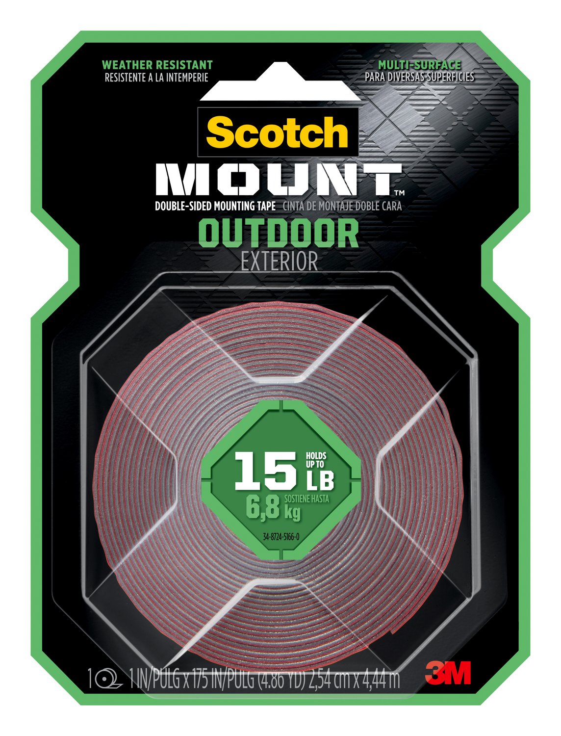 7100220256 - Scotch-Mount Outdoor Double-Sided Mounting Tape 411H-MED, 1 in x 175 in (2.54 cm x 4.44 m)