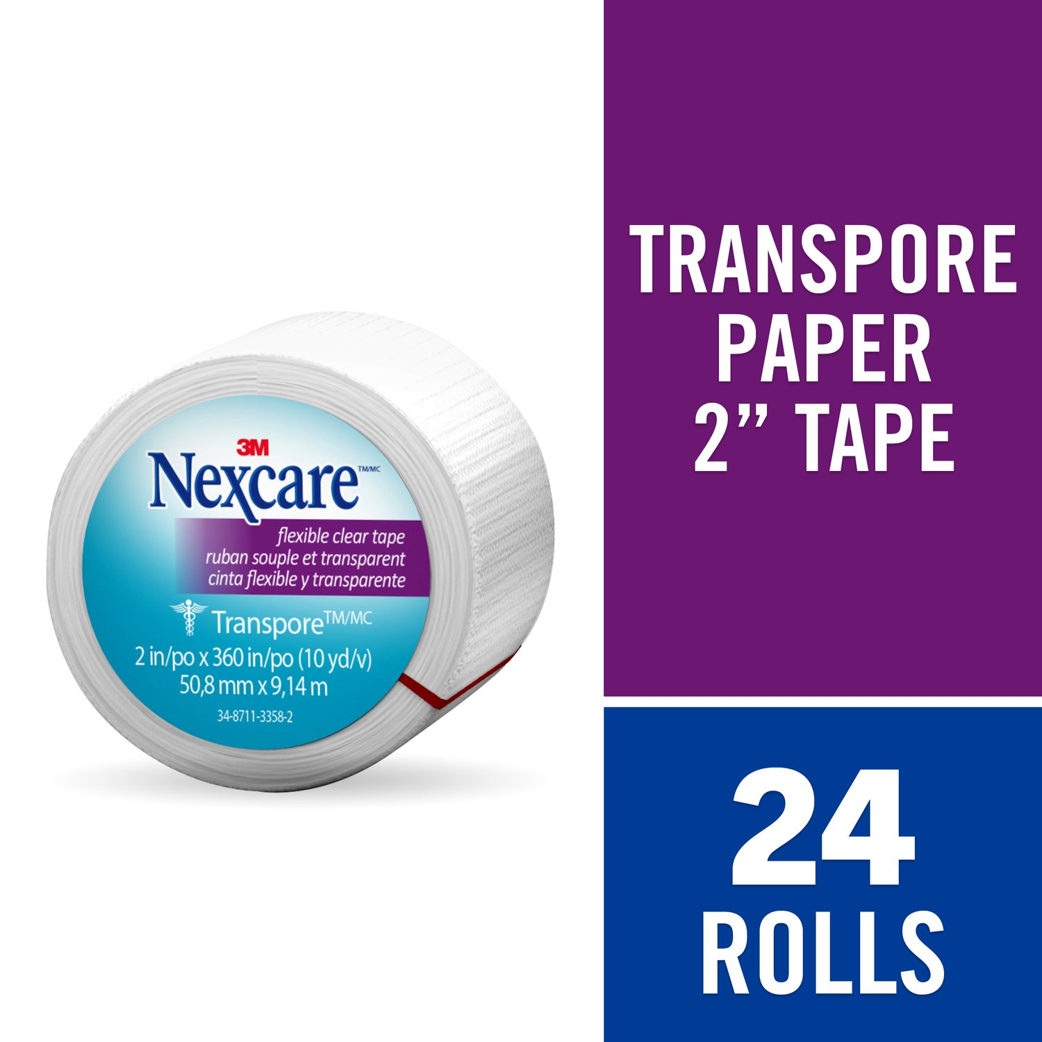 7000052482 - Nexcare Transpore Flexible Clear First Aid Tape 527-P2, 2 in x 10 yds, Wrapped