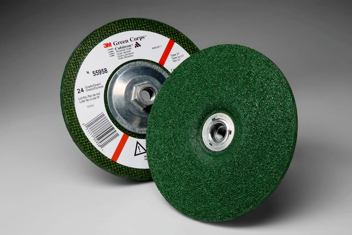 7100034253 - 3M Green Corps Depressed Center Wheel, 24, 7 in x 1/4 in x 5/8 in-11 Internal, 10/Carton, 20 ea/Case