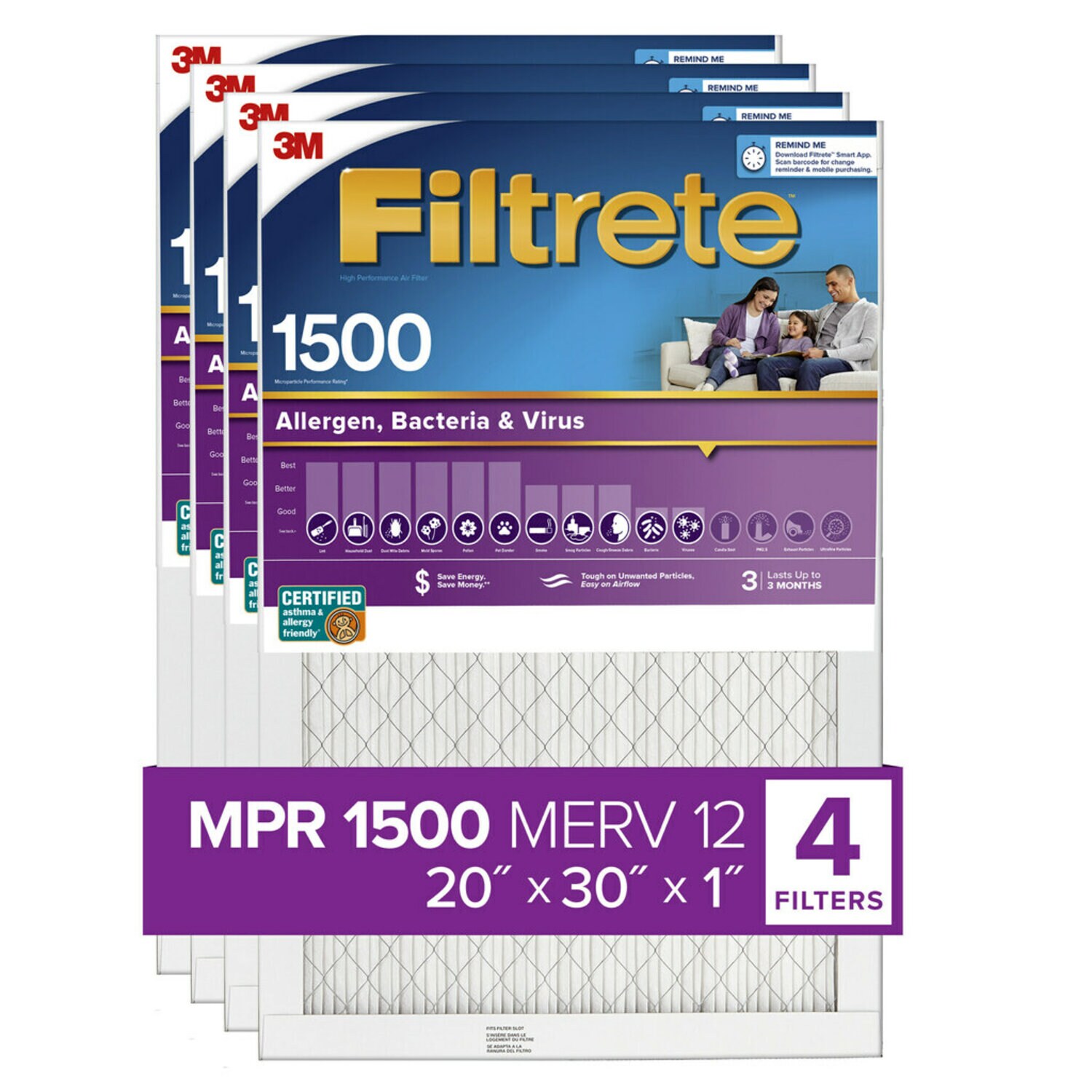 7100188690 - Filtrete Allergen, Bacteria & Virus Air Filter, 1500 MPR, 2022-4, 20 in x 30 in x 1 in (50,8 cm x 76,2 cm x 2,5 cm)