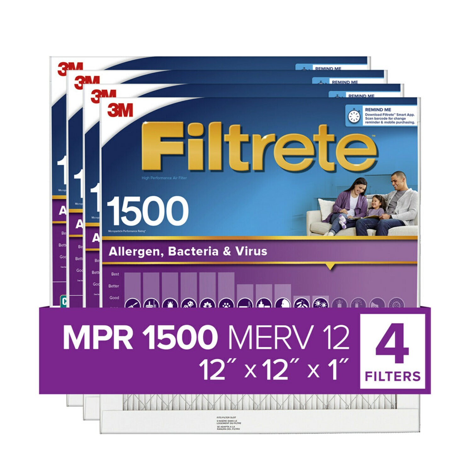 7100188735 - Filtrete Allergen, Bacteria & Virus Air Filter, 1500 MPR, 2010-4, 12 in x 12 in x 1 in (30,4 cm x 30,4 cm x 2,5 cm)