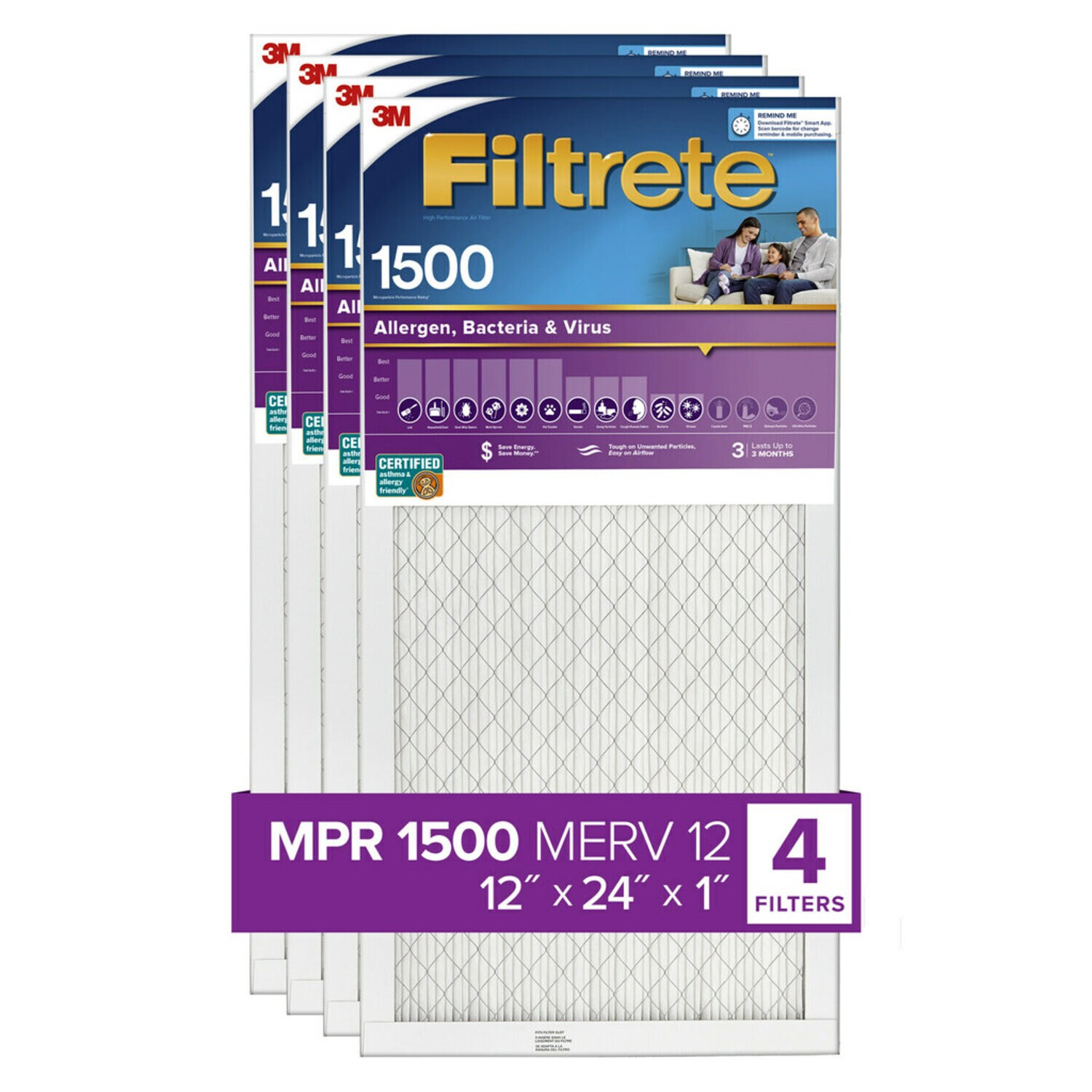 7100188680 - Filtrete Allergens, Bacteria & Viruses Air Filter 1500 MPR 2020-4, 12 in x 24 in x 1 in (30.4 cm x 60.9 cm x 2.5 cm)