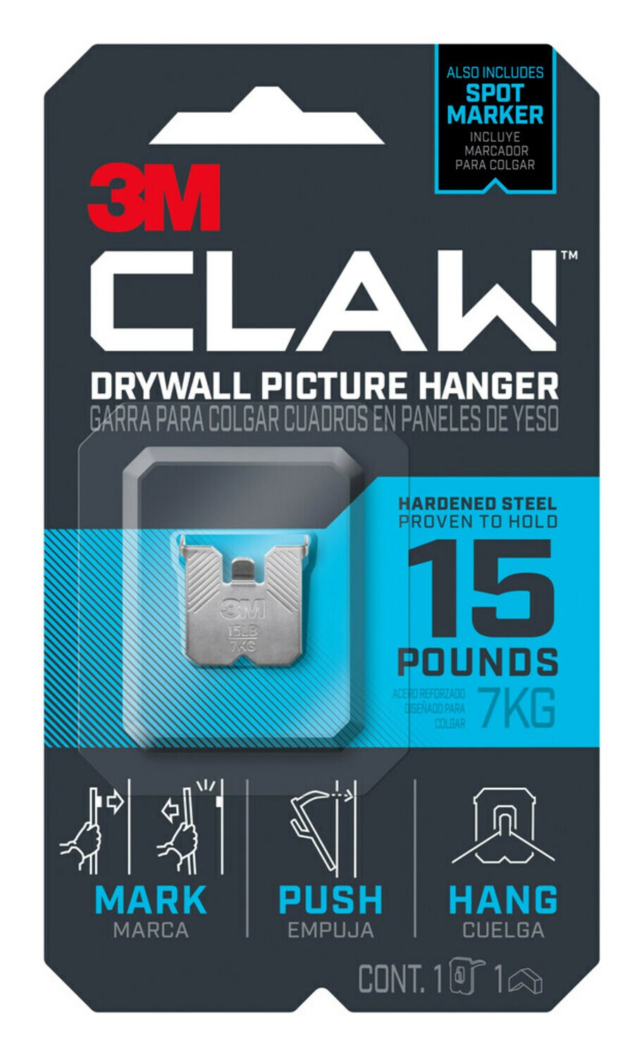 7100227267 - 3M CLAW Drywall Picture Hanger 15 lb with Temporary Spot Marker 3PH15M-1EF, 1 hanger, 1 marker