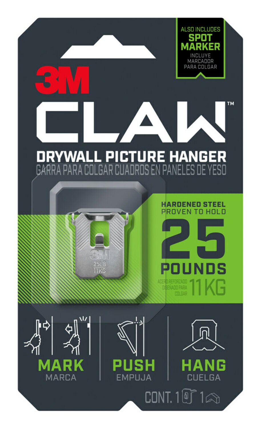 7100227269 - 3M CLAW Drywall Picture Hanger 25 lb with Temporary Spot Marker 3PH25M-1EF, 1 hanger, 1 marker