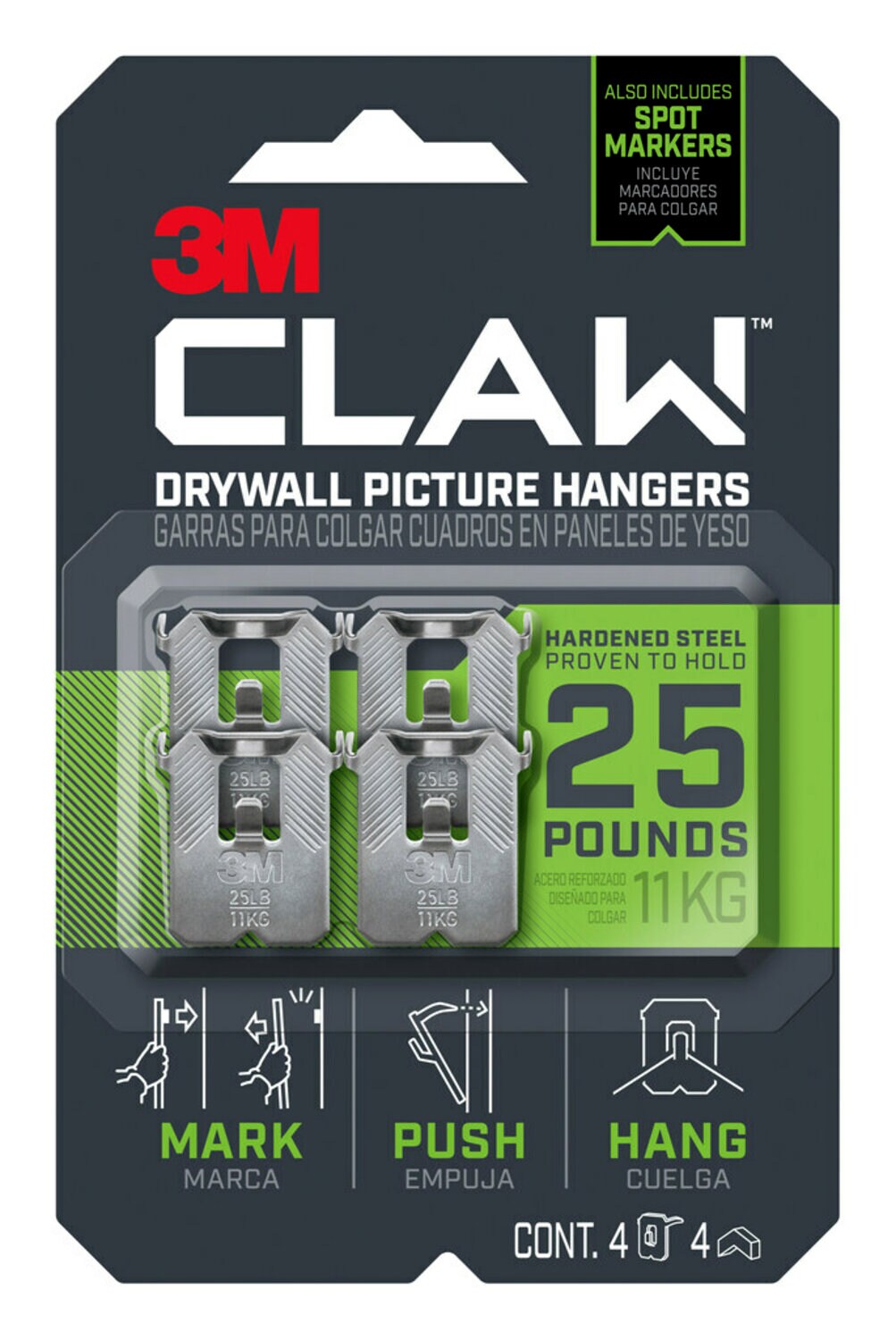 7100220649 - 3M CLAW Drywall Picture Hanger 25 lb with Temporary Spot Marker 3PH25M-4ES-ALT, 4 hangers, 4 markers