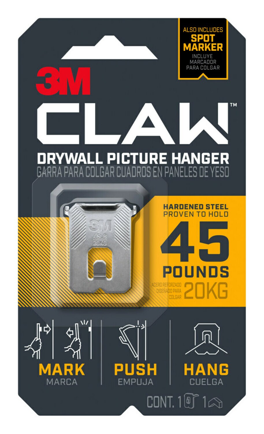 7100233242 - 3M CLAW Drywall Picture Hanger 45 lb with Temporary Spot Marker 3PH45M-1ES, 1 hanger, 1 marker