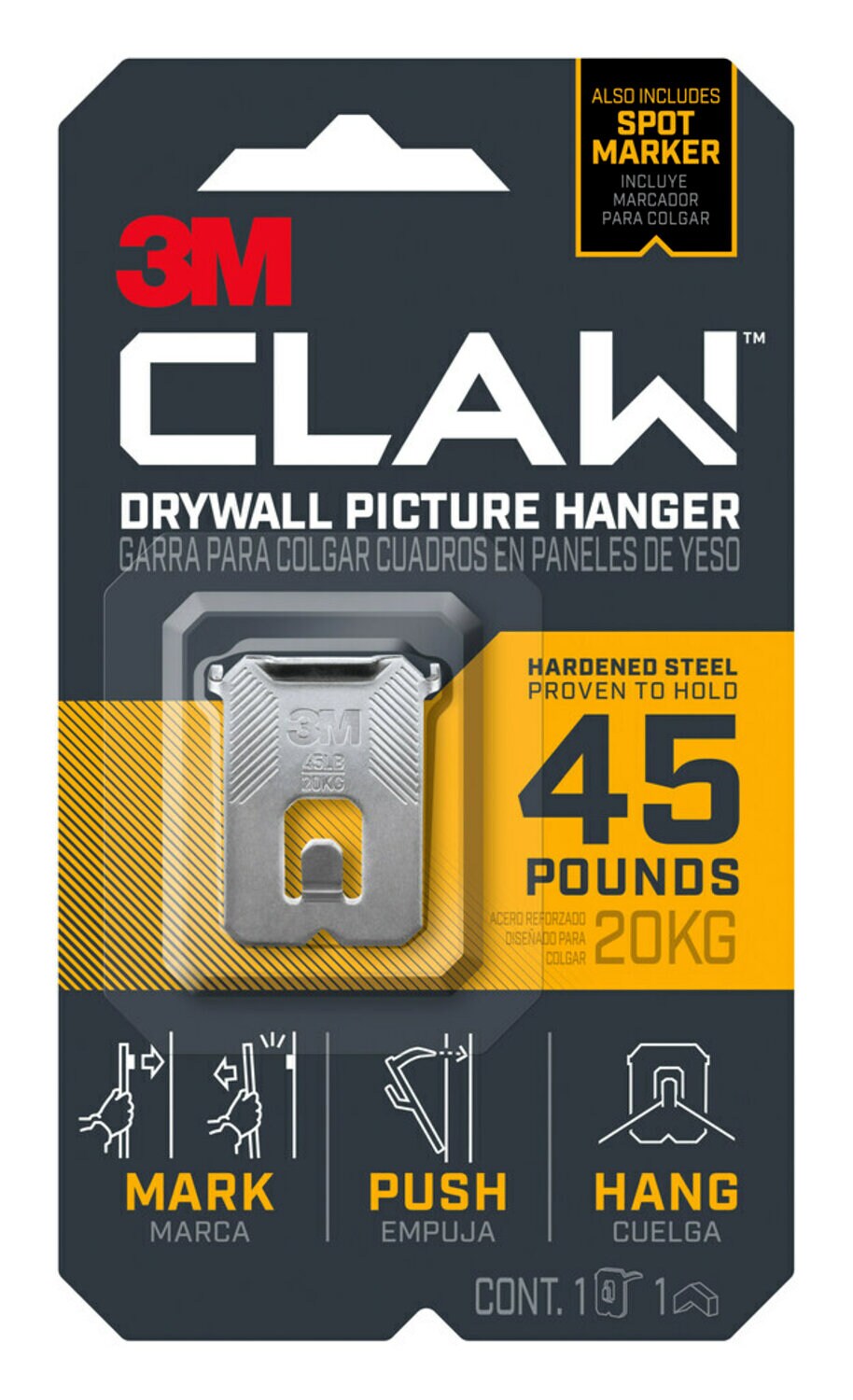 7100220644 - 3M CLAW Drywall Picture Hanger 45 lb with Temporary Spot Marker 3PH45M-1ES-ALT, 1 hanger, 1 marker