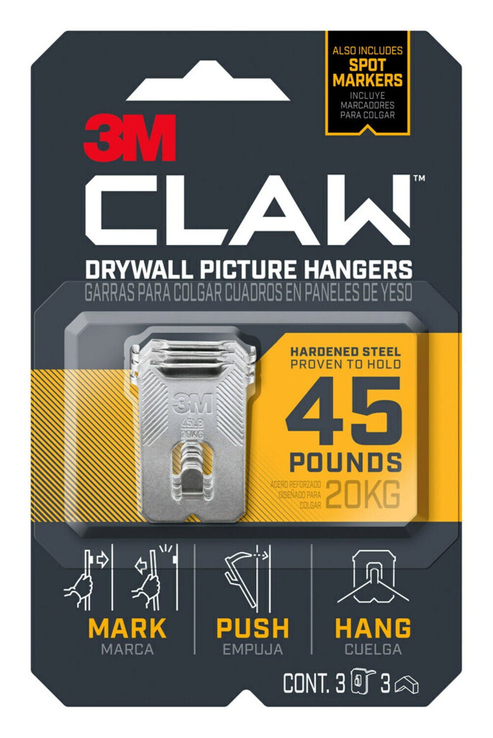 7100233241 - 3M CLAW Drywall Picture Hanger 45 lb with Temporary Spot Marker 3PH45M-3ES, 3 hangers, 3 markers