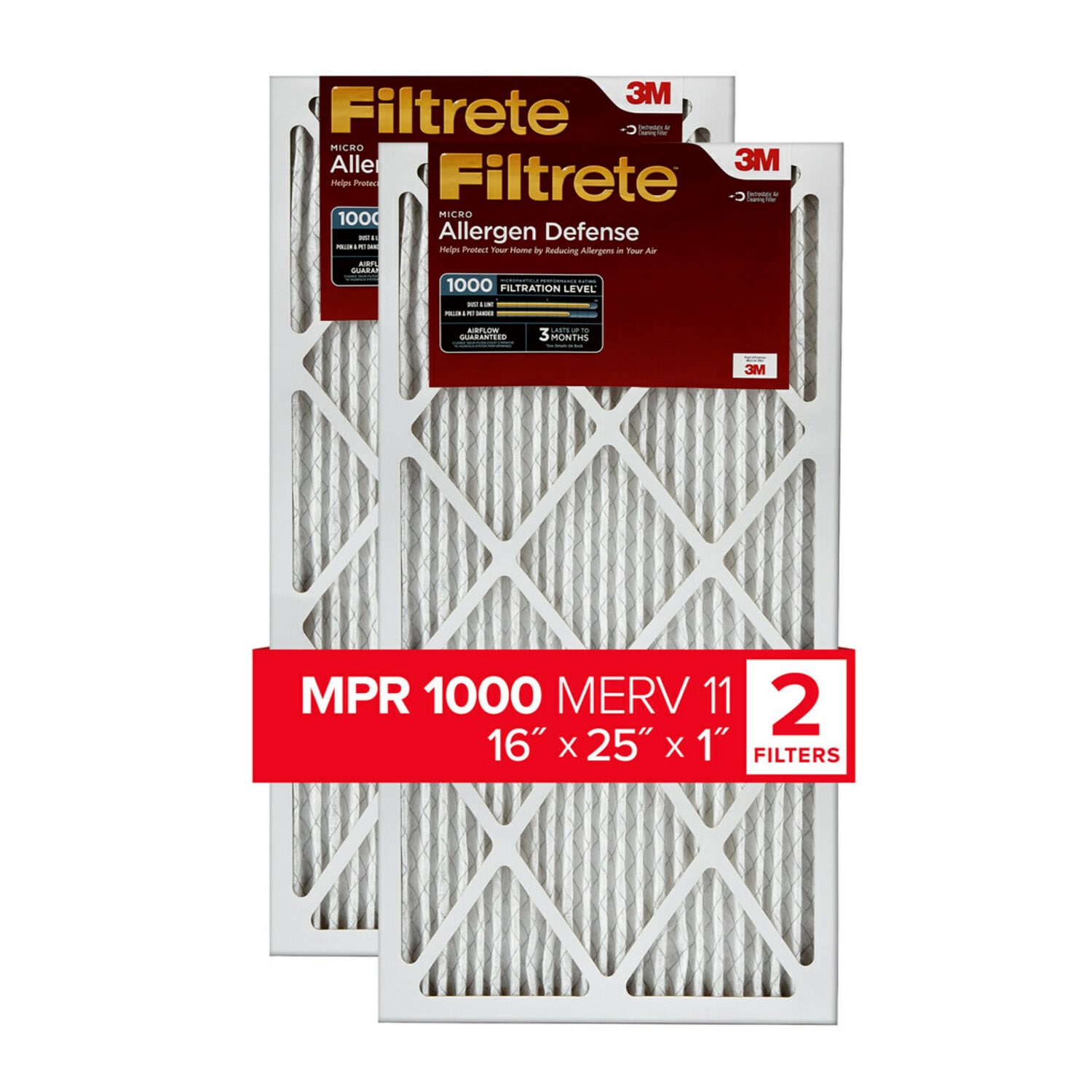 7100098571 - Filtrete Allergen Defense Filter AD01-2PK-6E-NA, MPR 1000, 16 in x 25 in x 1 in (40.6 cm x 63.5 cm x 2.5 cm), 2/pk