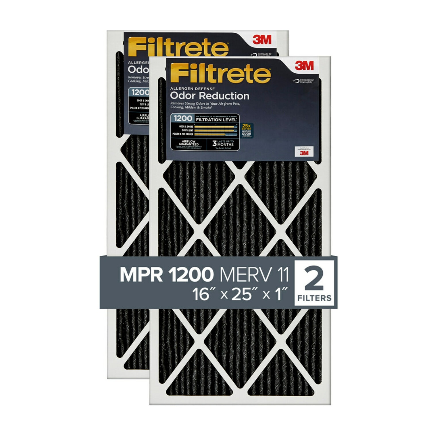 7100098653 - Filtrete Allergen Defense Odor Reduction Filter AOR01-2P-6E-NA, MPR 1200, 16 in x 25 in x 1 in (40,6 cm x 63,5 cm x 2,5 cm), 2/pk