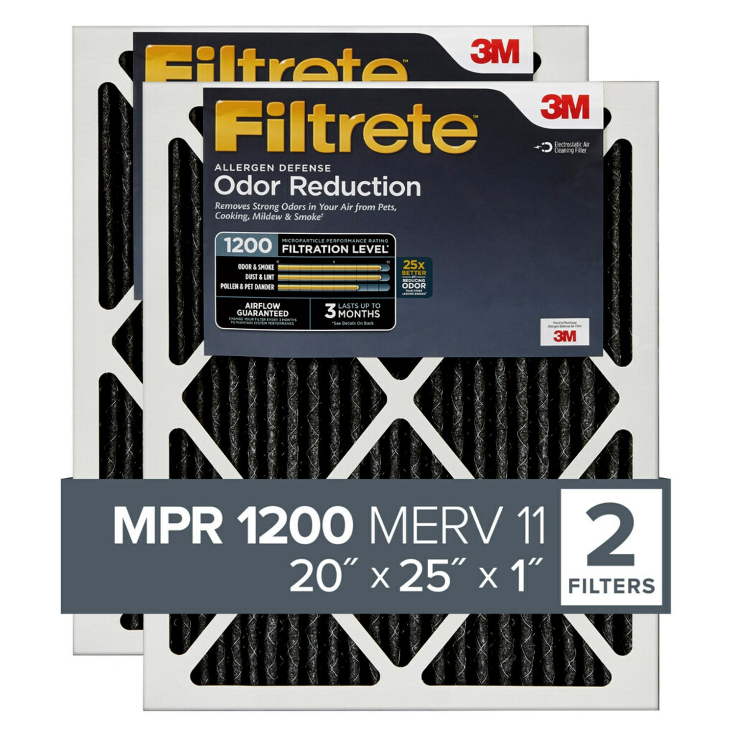 7100098655 - Filtrete Allergen Defense Odor Reduction Filter AOR03-2P-6E-NA, MPR 1200, 20 in x 25 in x 1 in (50,8 cm x 63,5 cm x 2,5 cm), 2/pk