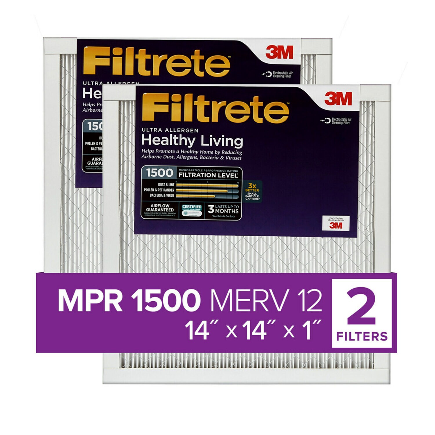 7100212151 - Filtrete Ultra Allergen Reduction Filter UR11-2PK-1E, 14 in x 14 in x 1 in (35.5 cm x 35.5 cm x 2.5 cm)