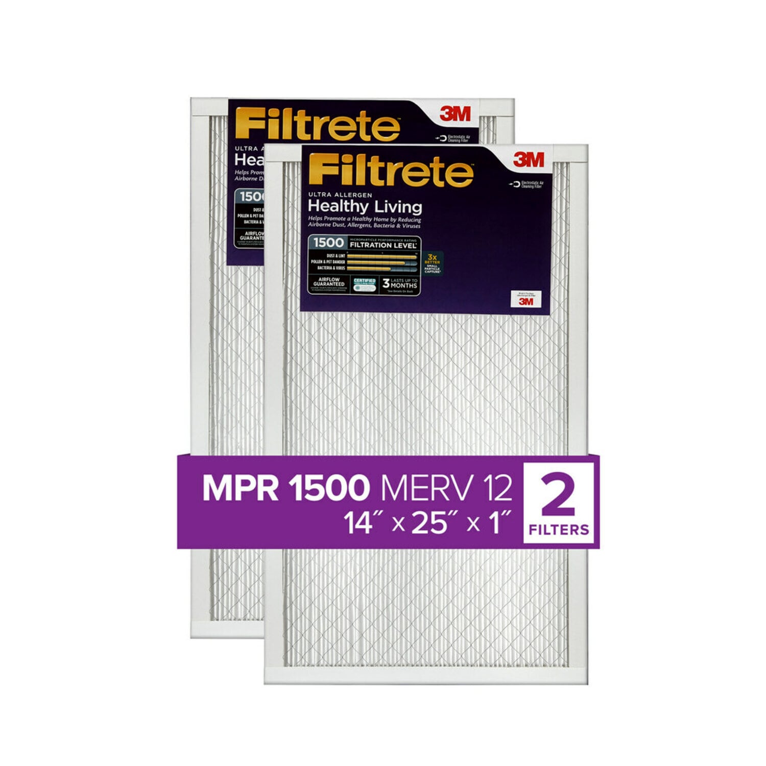 7100098543 - Filtrete Ultra Allergen Reduction Filter UR04-2PK-6E-NA, MPR 1500, 14
in x 25 in x 1 in (35.5 cm x 63.5 cm x 2.5 cm), 2/pk