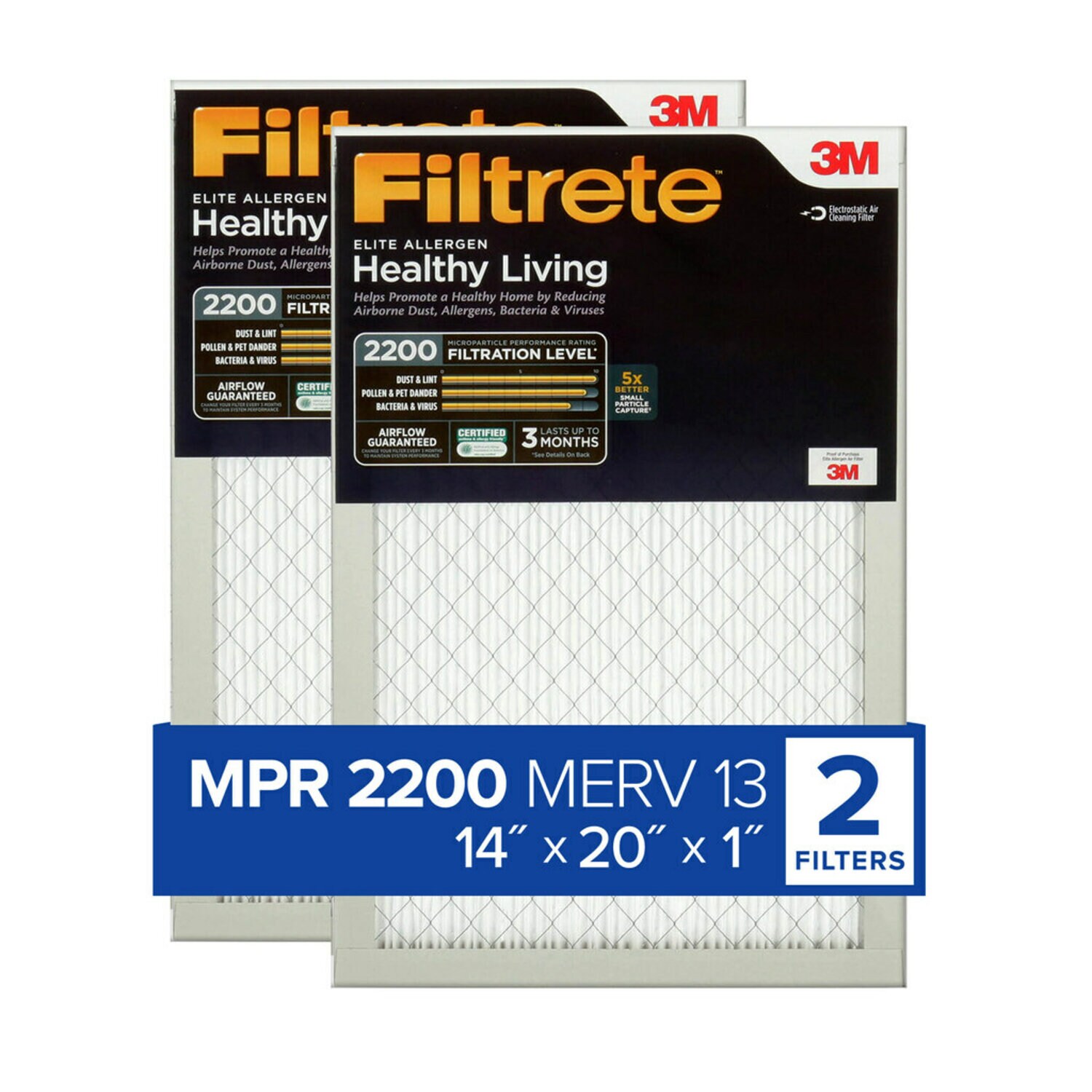 7010377811 - Filtrete Elite Allergen Reduction Filter EA05-2PK-6E, MPR2200, 14 in x 20 in x 1 in (35,5 cm x 50,8 cm x 2,5 cm), 2/pk