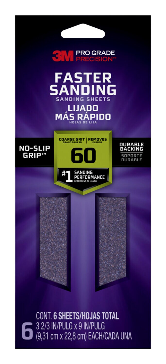 7100227536 - 3M Pro Grade Precision Faster Sanding Sanding Sheets 127060PGP-6, 3 2/3 in x 9 in, 60 grit, Coarse, 6/pk