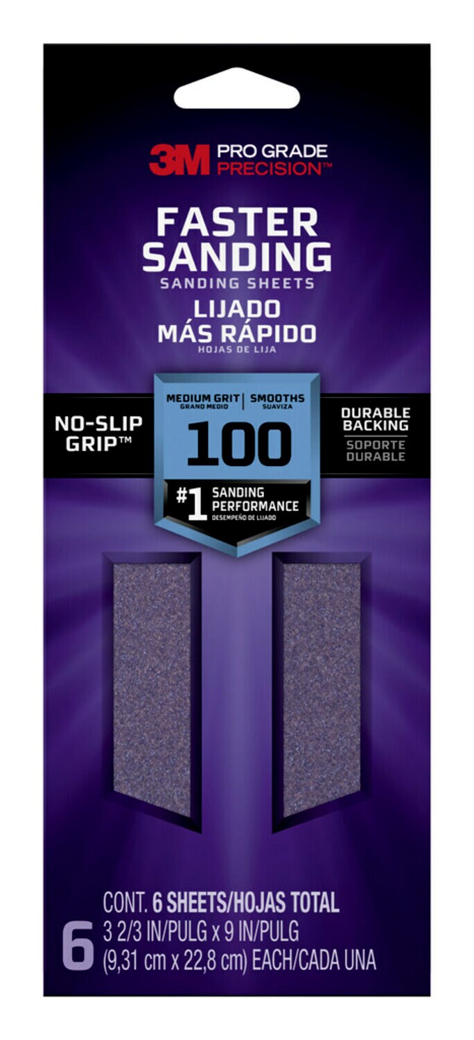 7100227535 - 3M Pro Grade Precision Faster Sanding Sanding Sheets 127100PGP-6, 3 2/3 in x 9 in, 100 grit, Medium, 6/pk