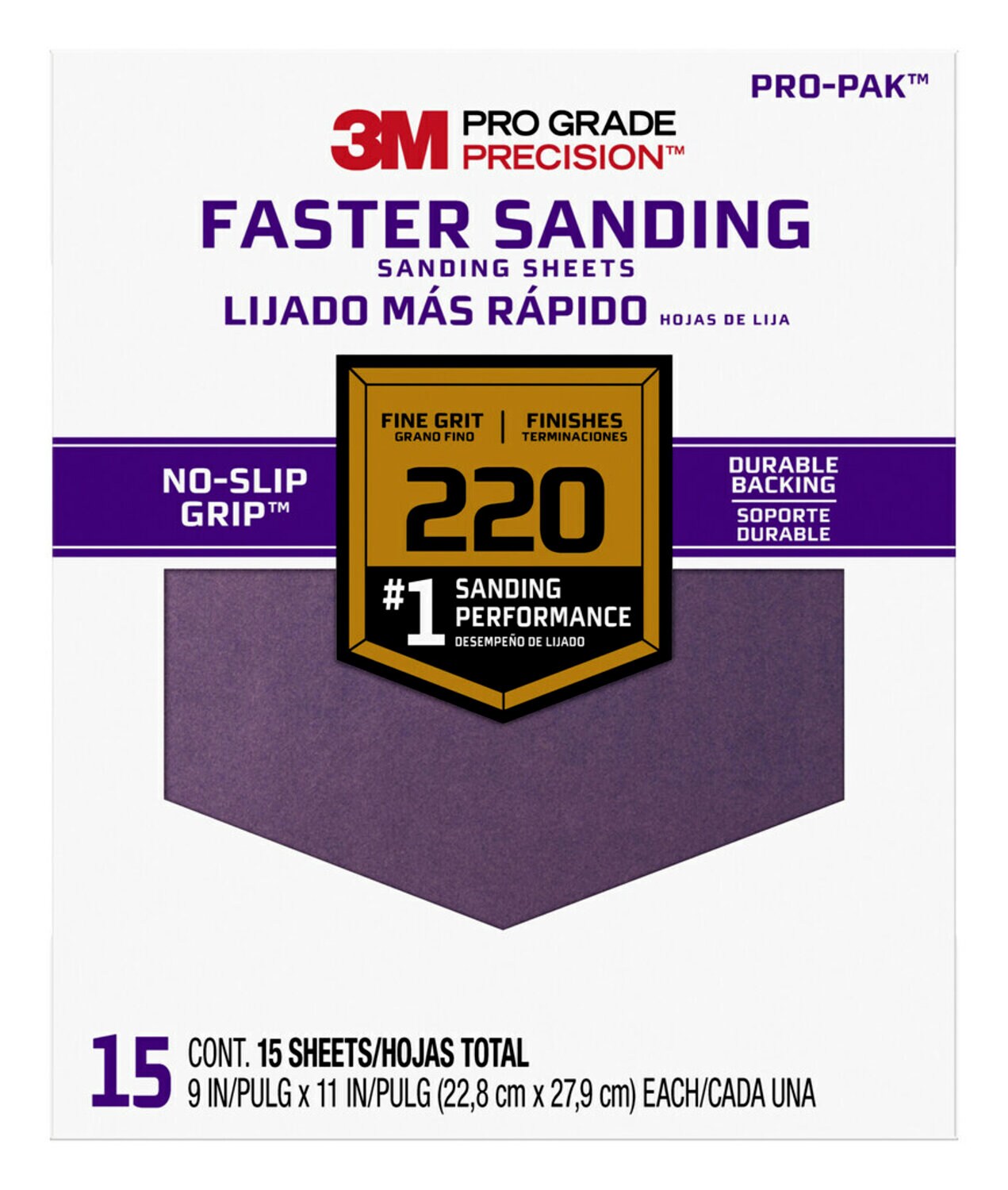 7100227527 - 3M Pro Grade Precision Faster Sanding Sanding Sheets 27220PGP-15, 9 in x 11 in, 220 grit, Fine, 15/pk