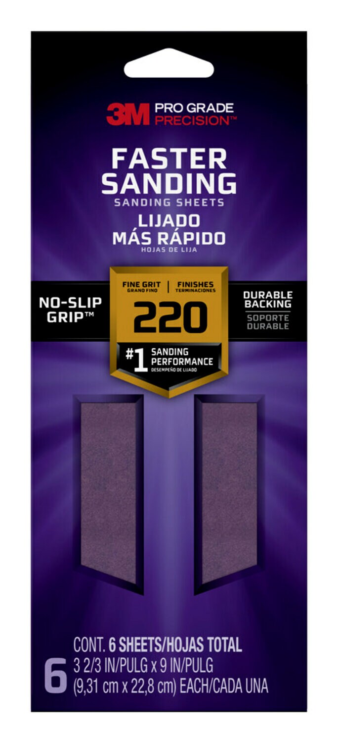 7100227539 - 3M Pro Grade Precision Faster Sanding Sanding Sheets 127220PGP-6, 3 2/3 in x 9 in, 220 grit, Fine, 6/pk