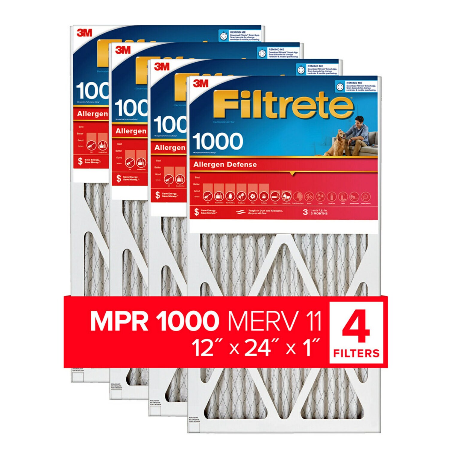 7100188875 - Filtrete Allergens & Pet Dander Air Filter 1000 MPR 9820-4, 12 in x 24 in x 1 in (30.4 cm x 60.9 cm x 2.5 cm)