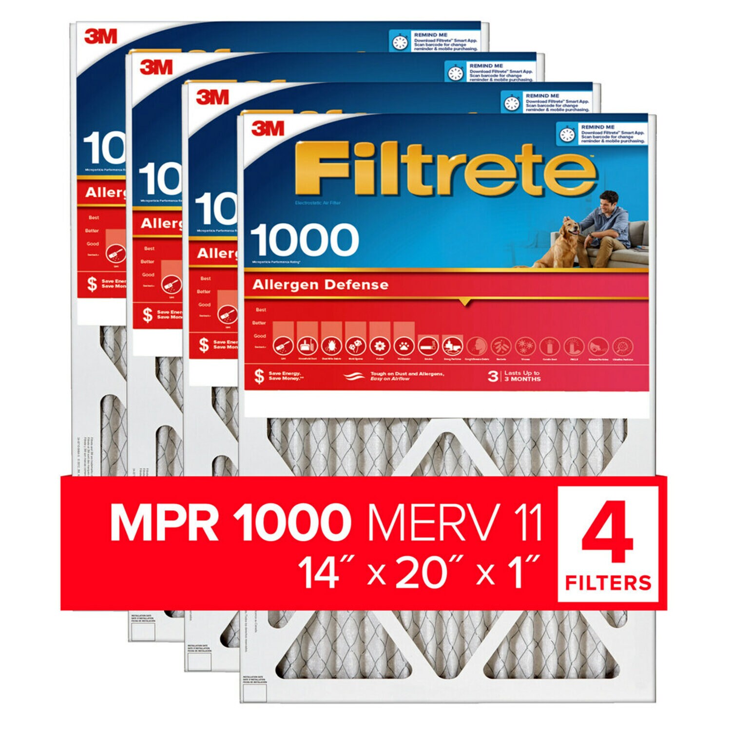 7100188261 - Filtrete Allergens & Pet Dander Air Filter 1000 MPR 9805-4, 14 in x 20 in x 1 in (35.5 cm x 50.8 cm x 2.5 cm)