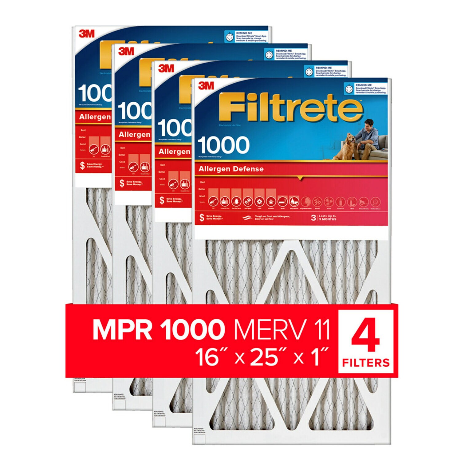 7100188249 - Filtrete Allergens & Pet Dander Air Filter 1000 MPR 9801-4, 16 in x 25 in x 1 in (40.6 cm x 63.5 cm x 2.5 cm)