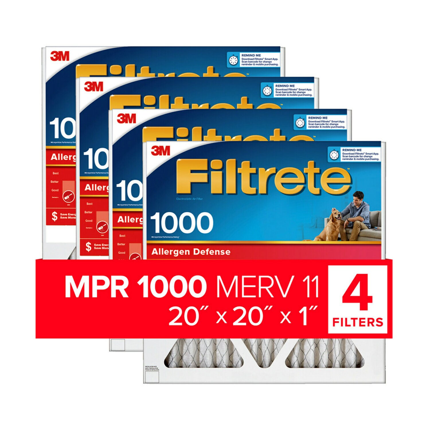 7100188258 - Filtrete Allergens & Pet Dander Air Filter 1000 MPR 9802-4, 20 in x 20 in x 1 in (50.8 cm x 50.8 cm x 2.5 cm)