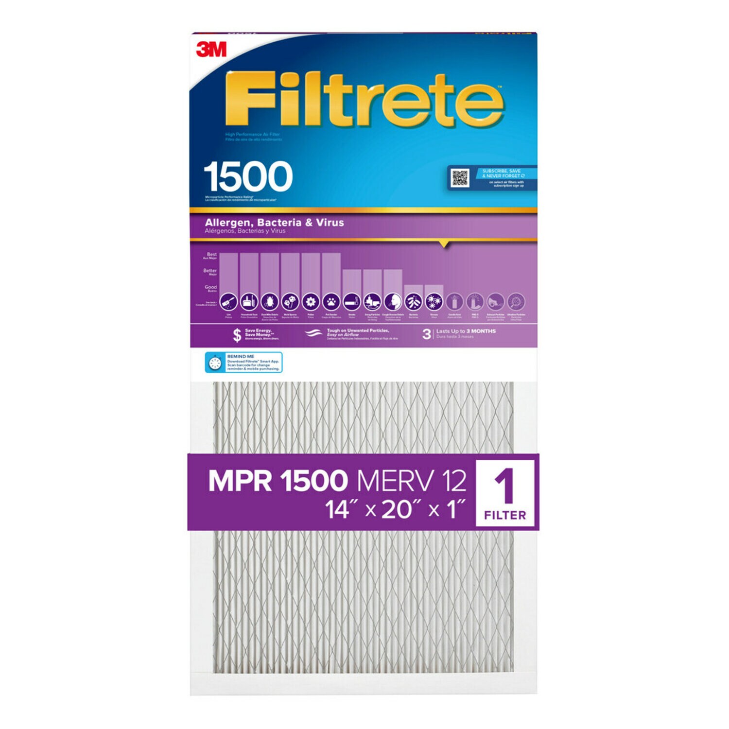 7100264971 - Filtrete Allergens, Bacteria & Viruses Air Filter 1500 MPR 2005-4, 14 in x 20 in x 1 in (35.5 cm x 50.8 cm x 2.5 cm)
