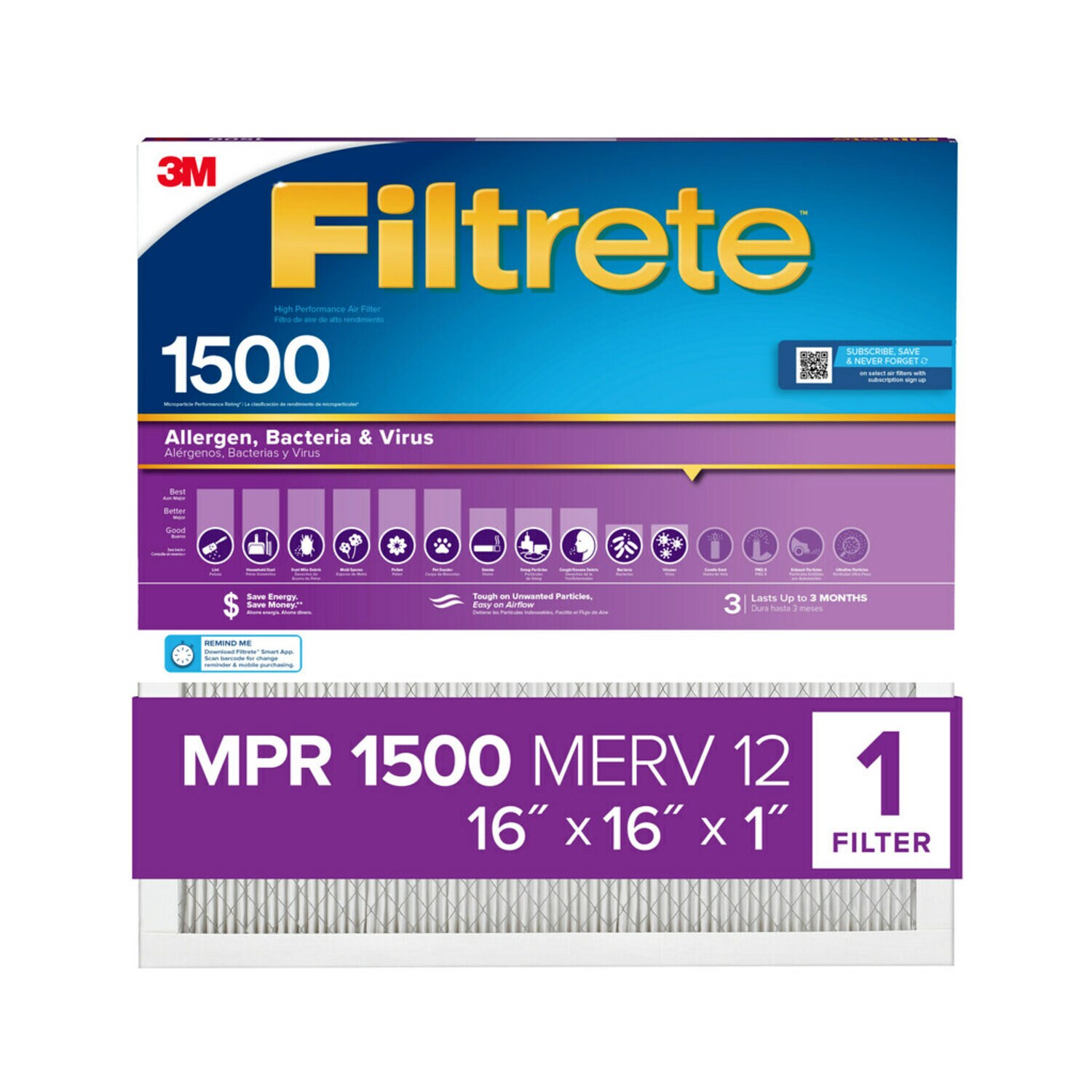 7100264982 - Filtrete High Performance Air Filter 1500 MPR 2016DC-4, 16 in x 16 in x 1 in (40.6 cm x 40.6 cm x 2.5 cm)
