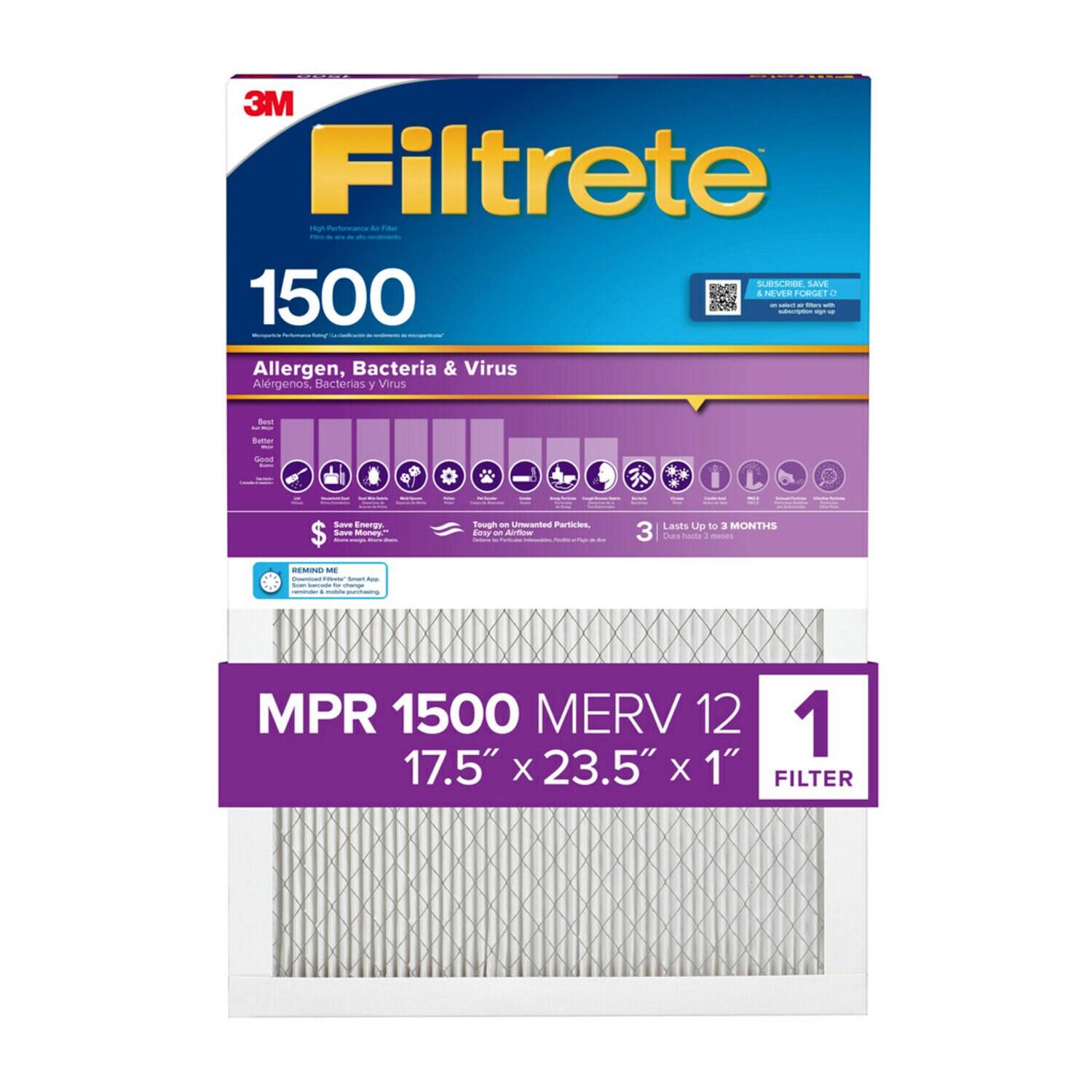 7100268033 - Filtrete High Performance Air Filter 1500 MPR 2029DC-4, 17.5 in x 23.5 in x 1 in (44.4 cm x 59.6 cm x 2.5 cm)