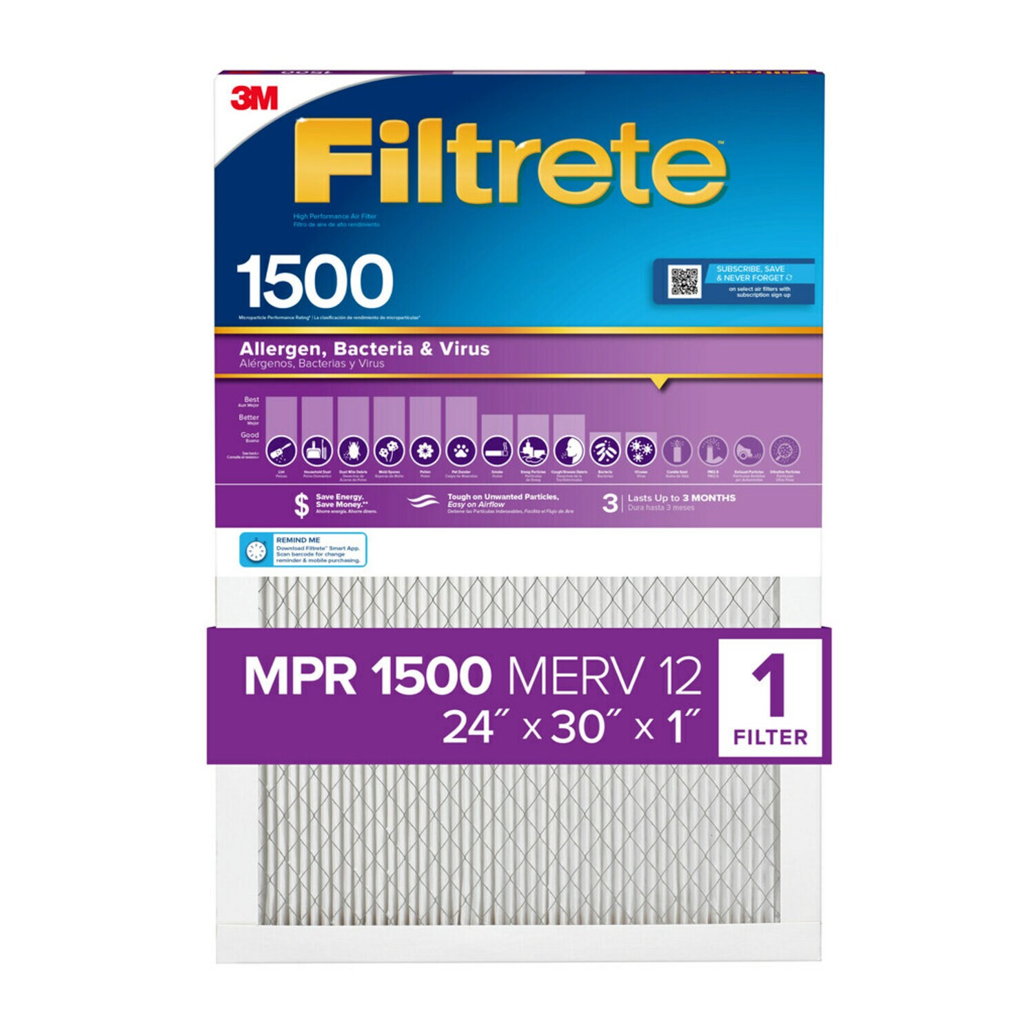 7100264582 - Filtrete High Performance Air Filter 1500 MPR 2013DC-4, 24 in x 30 in x 1 in (60.9 cm x 76.2 cm x 2.5 cm)