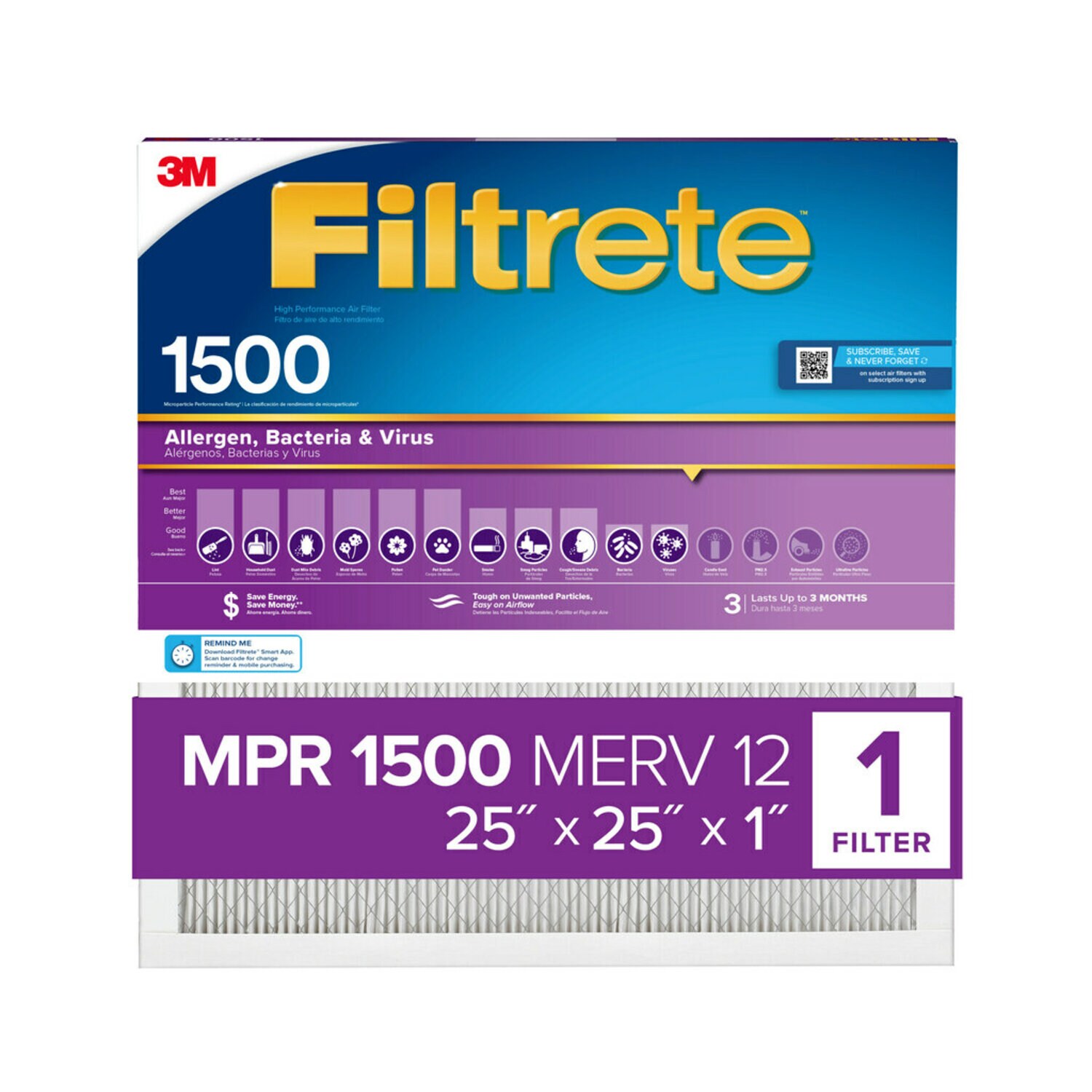 7100267933 - Filtrete High Performance Air Filter 1500 MPR 2015DC-4, 25 in x 25 in x 1 in (63.5 cm x 63.5 cm x 2.5 cm)