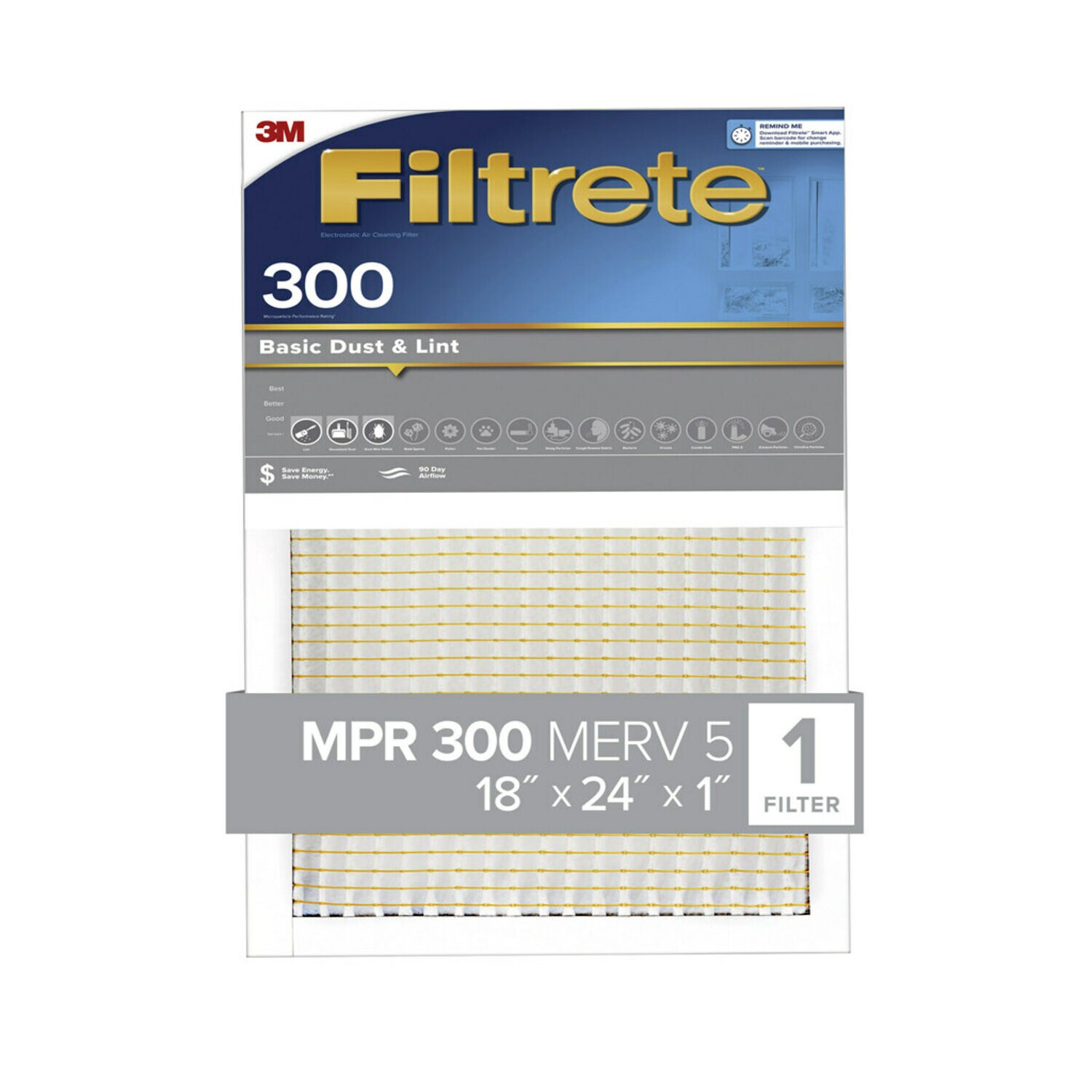 7100186853 - Filtrete Basic Dust & Lint Air Filter, 300 MPR, 321-4, 18 in x 24 in x 1 in (45.7 cm x 60.9 cm x 2.5 cm)
