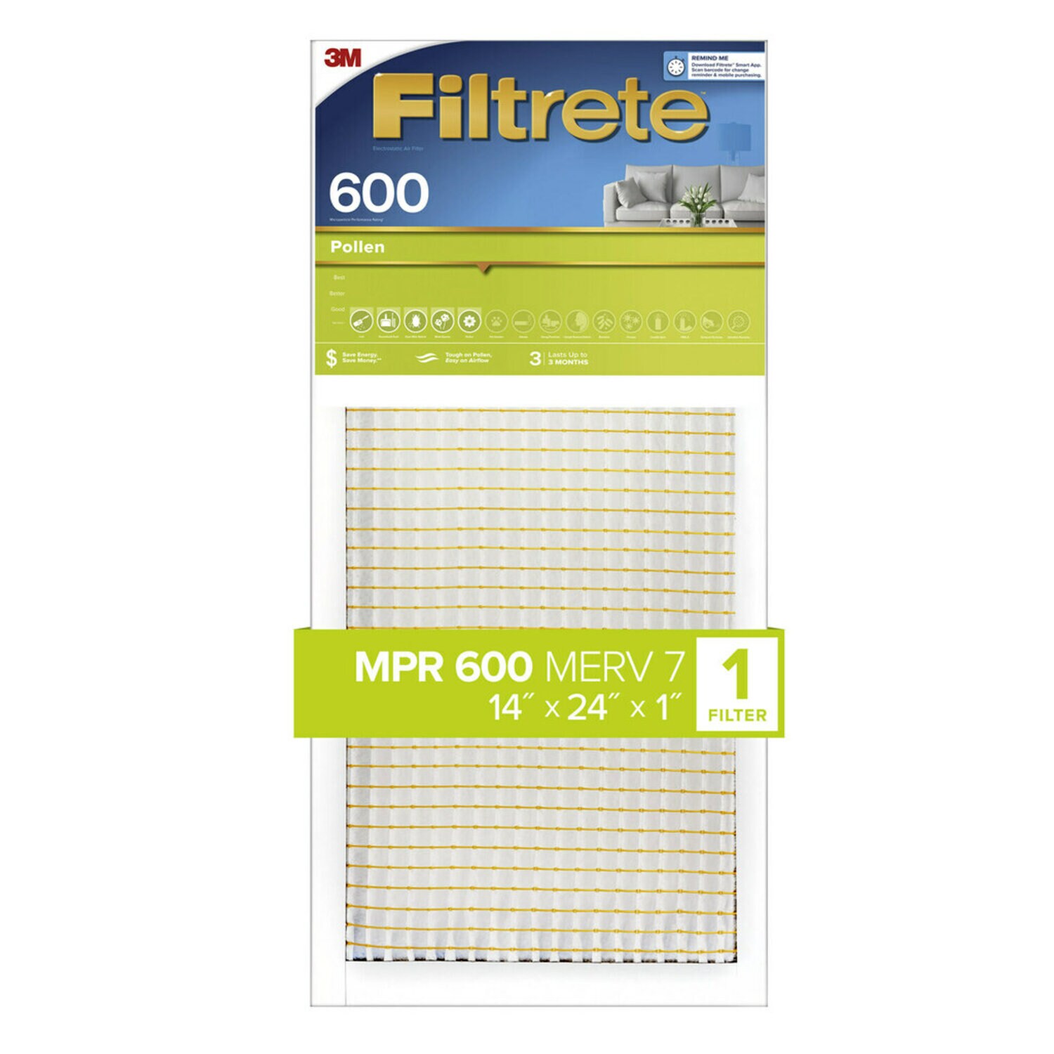 7100264918 - Filtrete Electrostatic Air Filter 600MPR 9863DC-4, 14 in x 24 in x 1 in (35.5 cm x 60.9 cm x 2.5 cm)