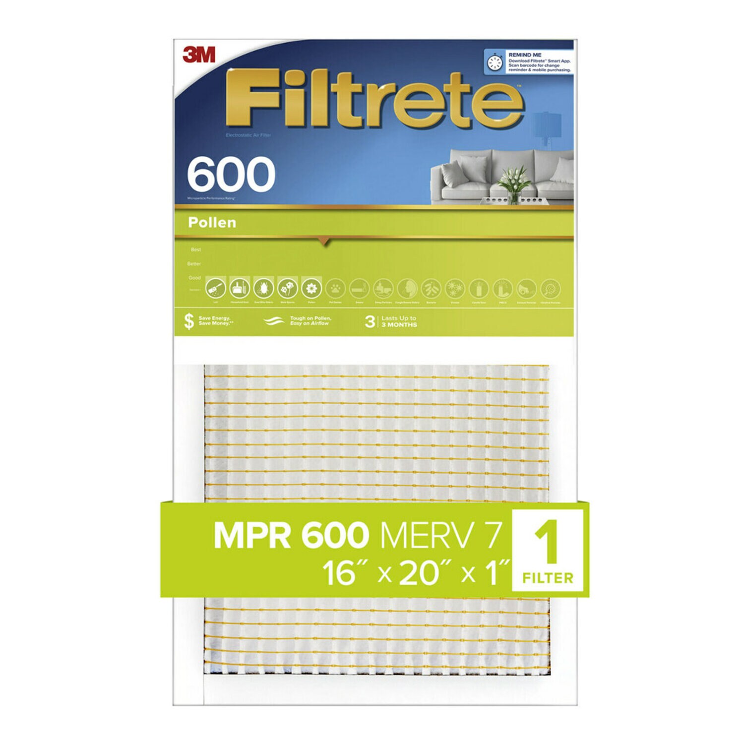 7100182284 - Filtrete Pollen Air Filter, 600 MPR, 9830-4, 16 in x 20 in x 1 in (40.6 cm x 50.8 cm x 2.54 cm)