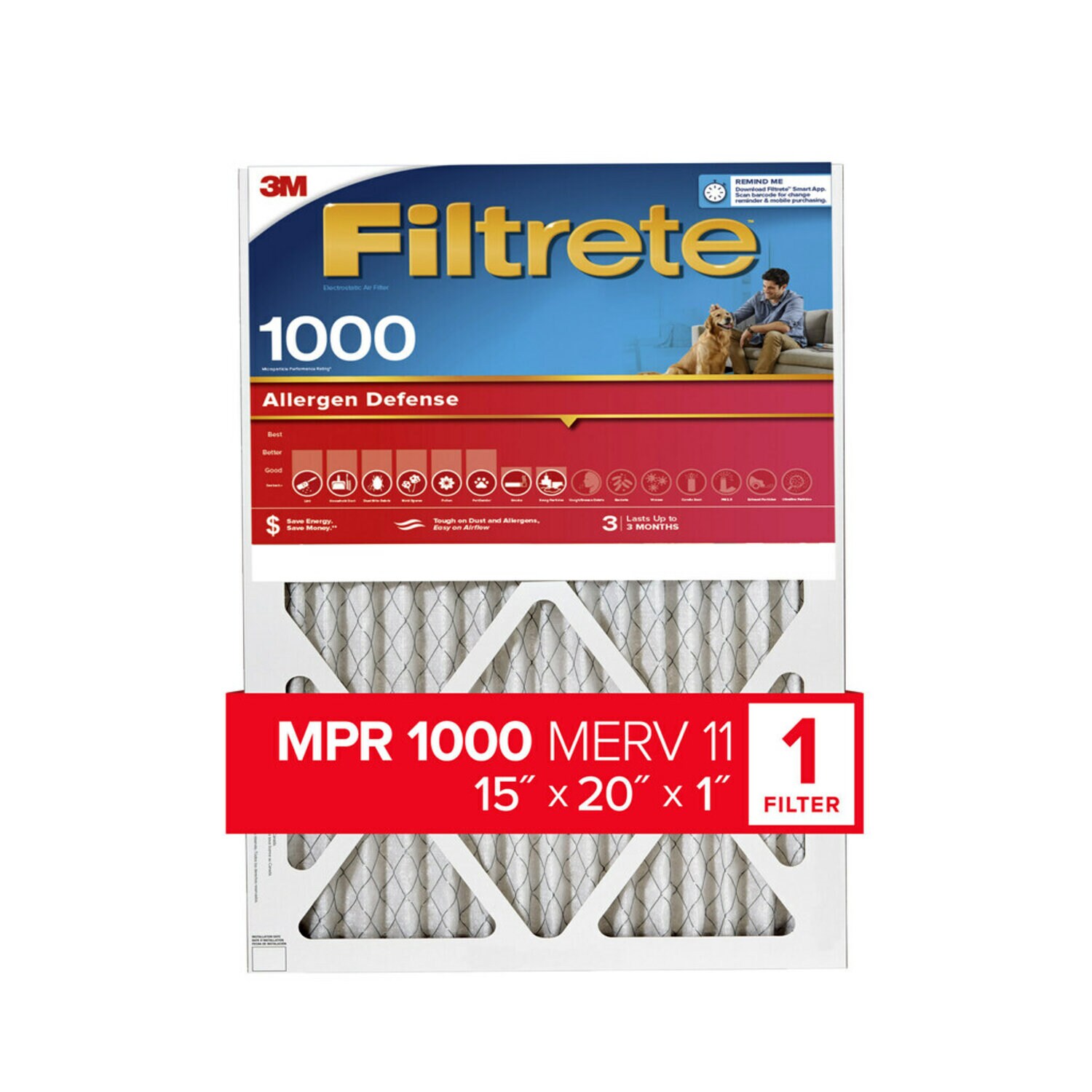 7100188272 - Filtrete Allergen Defense Filter, 1000 MPR, 9806-4, 15 in x 20 in x 1 in (38,1 cm x 50,8 cm x 2,5 cm)