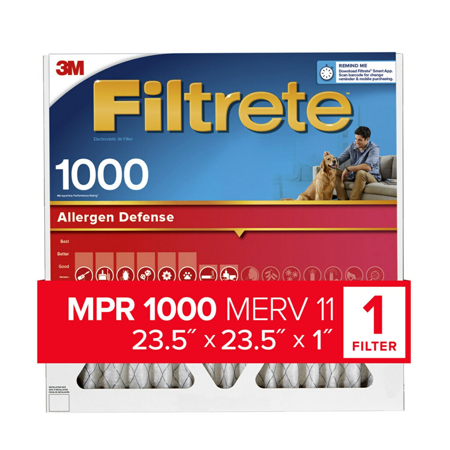 7100192555 - Filtrete Allergen Defense Air Filter, 1000 MPR, AL40-4, 23.5 in x 23.5 in x 1 in (59,6 cm x 59,6 cm x 2,5 cm)