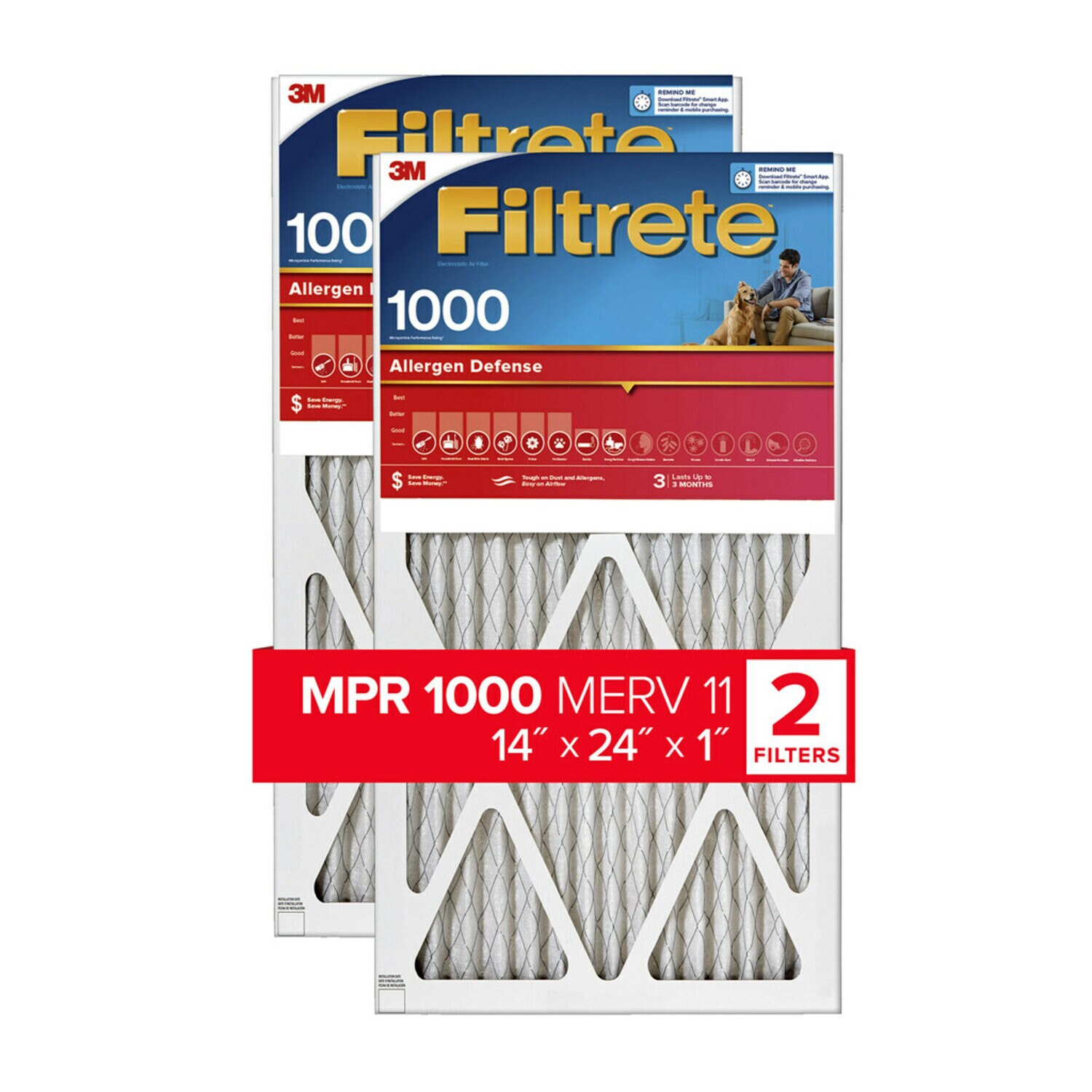 7100188897 - Filtrete Allergen Defense Air Filter, 1000 MPR, 9823-2PK-HDW, 14 in x
24 in x 1 in (35,5 cm x 60,9 cm x 2,5 cm)