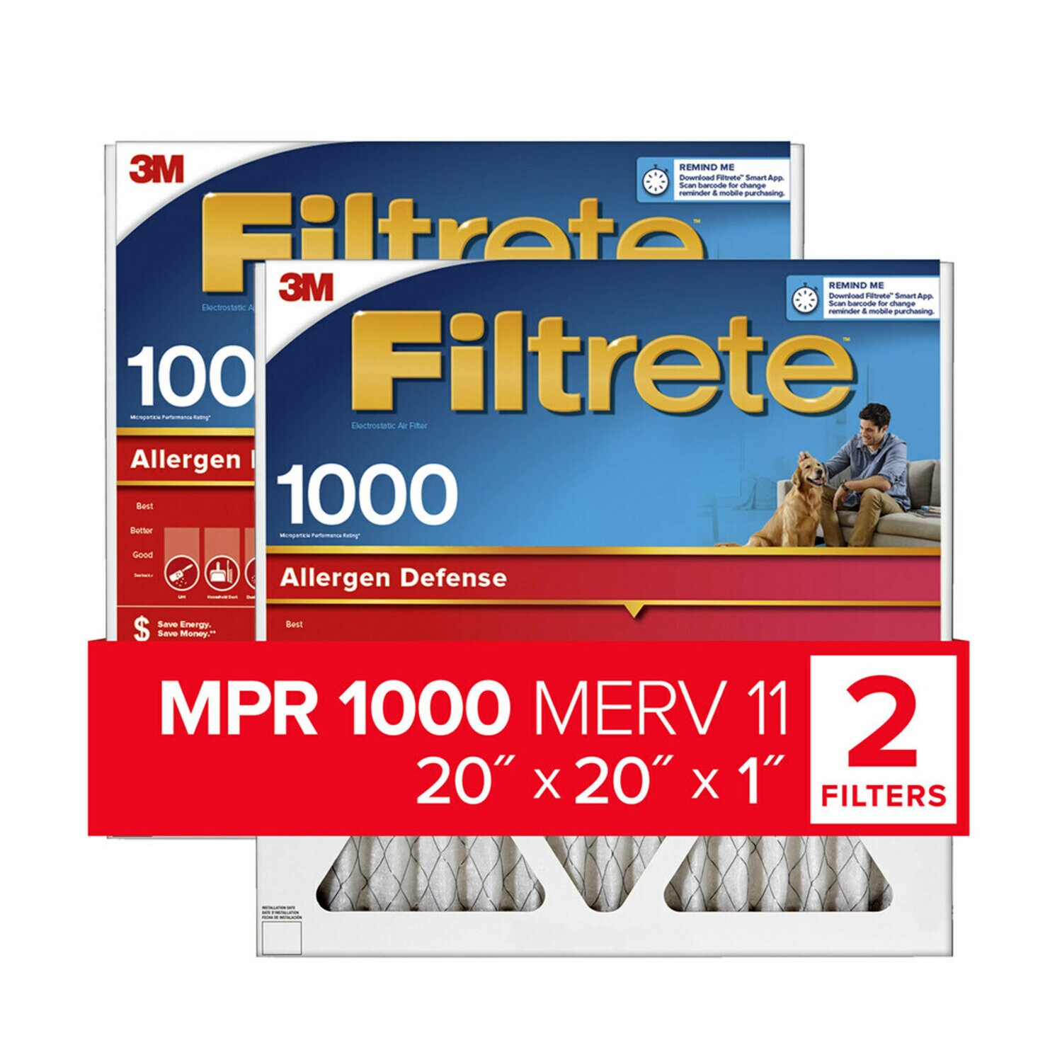 7100188254 - Filtrete Allergen Defense Air Filter, 1000 MPR, 9802-2PK-HDW, 20 in x
20 in x 1 in (50,8 cm x 50,8 cm x 2,5 cm)