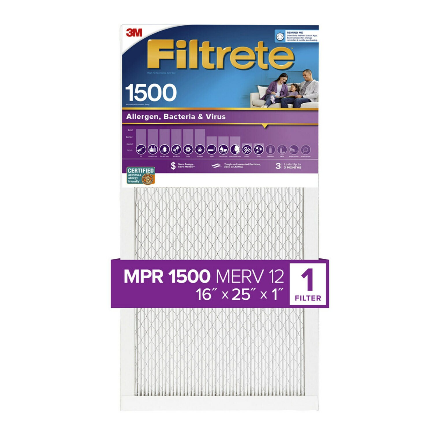7100250943 - Filtrete Allergens, Bacteria & Viruses Air Filter 1500 MPR, 2001-4, 16 in x 25 in x 1 in (40.6 cm x 63.5 cm x 2.5 cm)