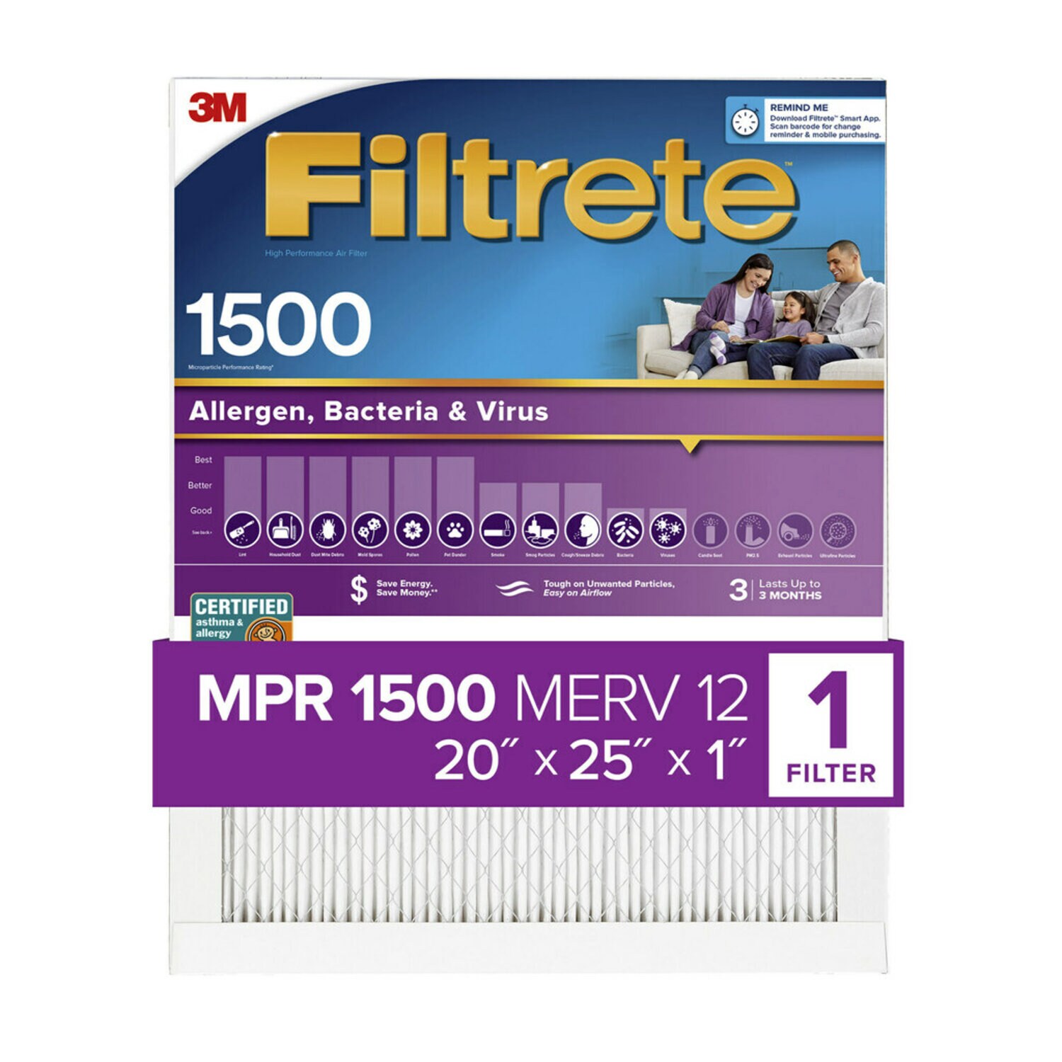 7100203129 - Filtrete Allergens, Bacteria & Viruses Air Filter 1500 MPR 2003-4-HR, 20 in x 25 in x 1 in (50.8 cm x 63.5 cm x 2.5 cm)