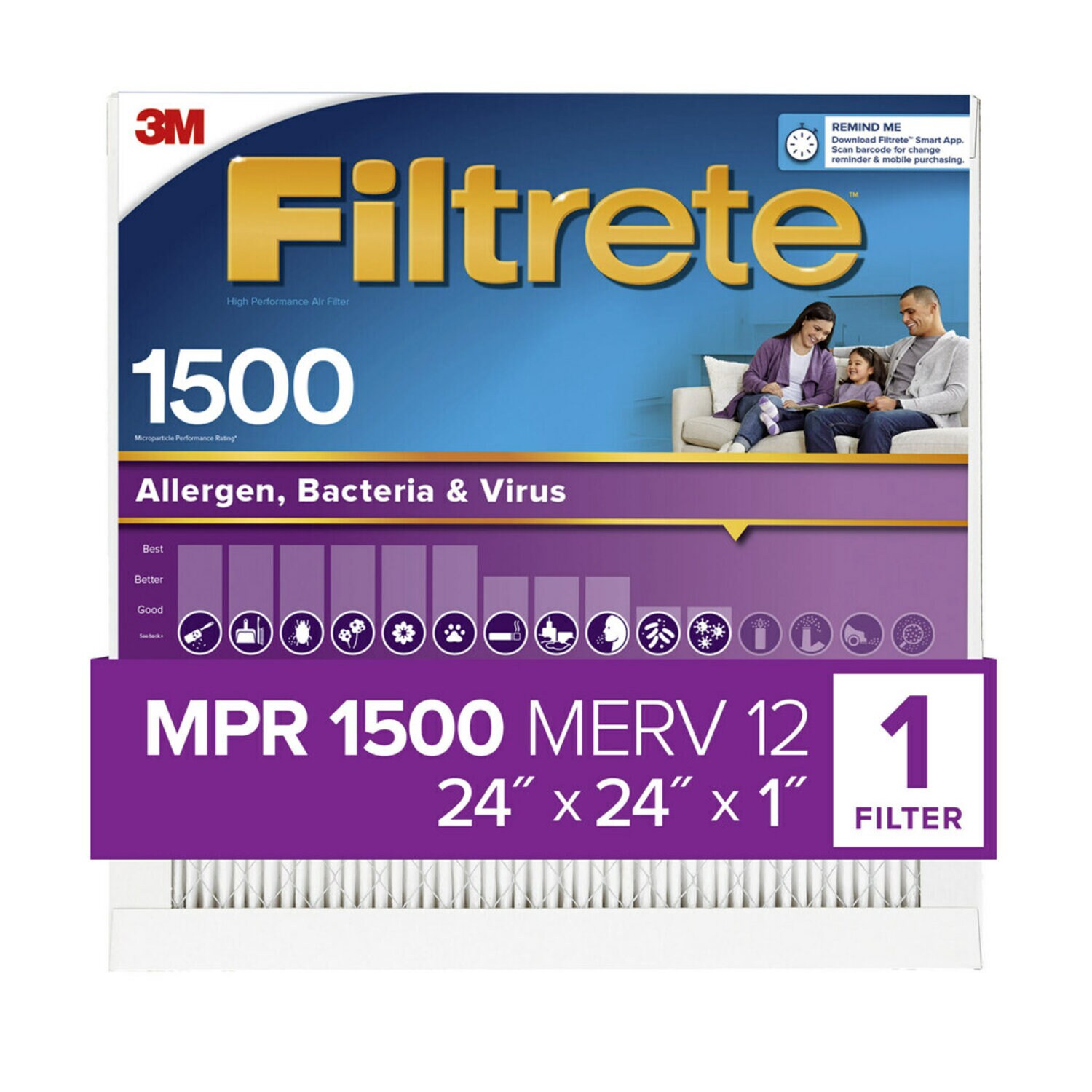 7100266374 - Filtrete Allergens, Bacteria & Viruses Air Filter 1500 MPR 2012DC-4, 24 in x 24 in x 1 in (60.9 cm x 60.9 cm x 2.5 cm)