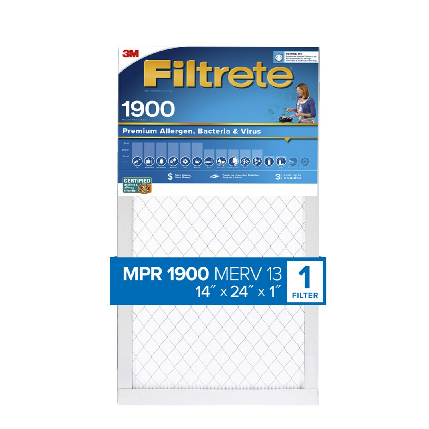7100264710 - Filtrete High Performance Air Filter4 1900 MPR UA23DC-4, 14 in x 24 in x 1 in (35.5 cm x 60.9 cm x 2.5 cm)