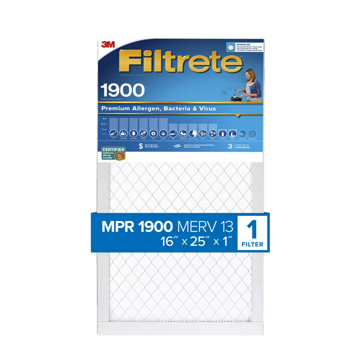 7100250953 - Filtrete Allergens, Viruses & Air Pollutants Air Filter 1900 MPR UA01-4, 16 in x 25 in x 1 in (40.6 cm x 63.5 cm x 2.5 cm)