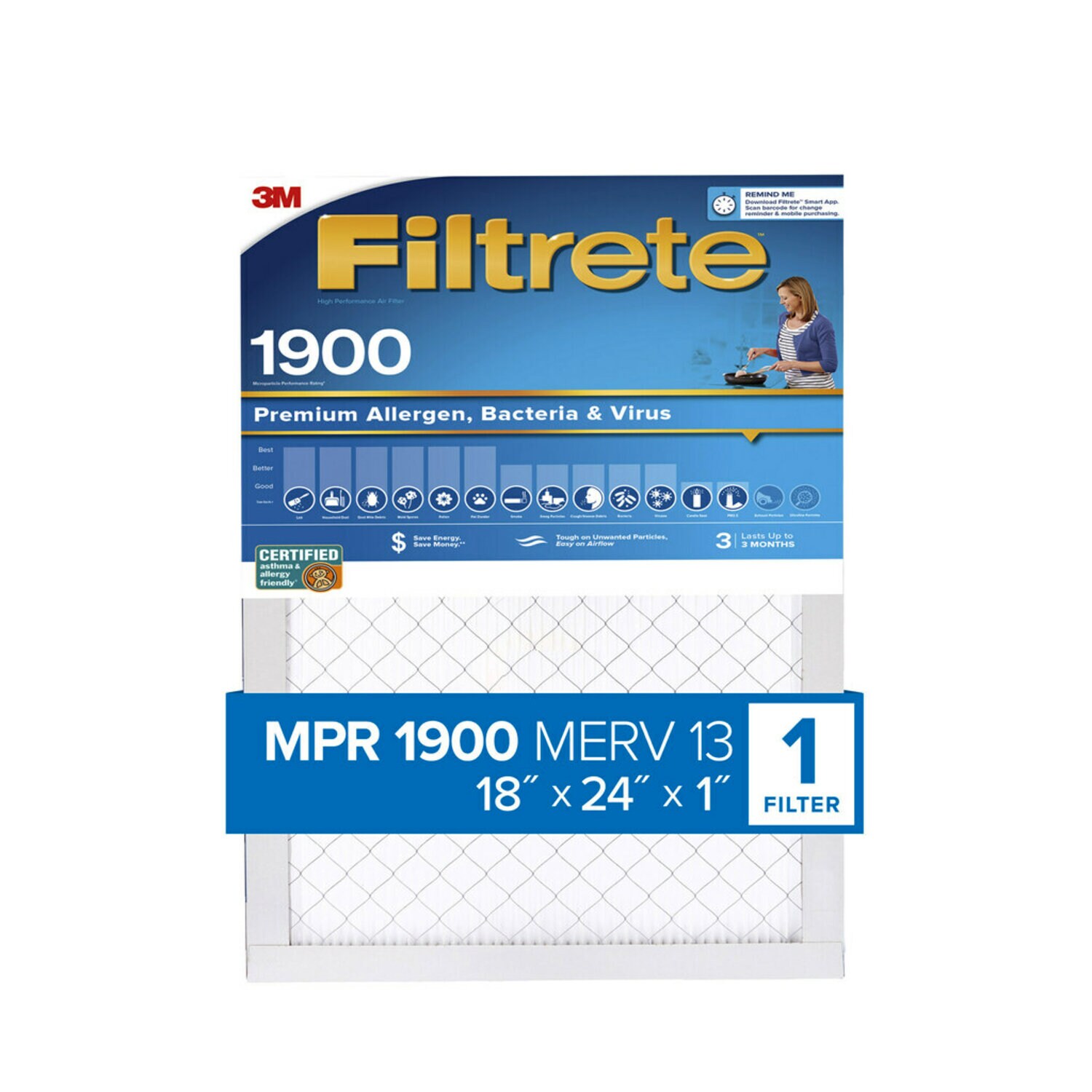 7100189216 - Filtrete Premium Allergen, Bacteria & Virus Air Filter, 1900 MPR,
UA21-4, 18 in x 24 in x 1 in (45,7 cm x 60,9 cm x 2,5 cm)