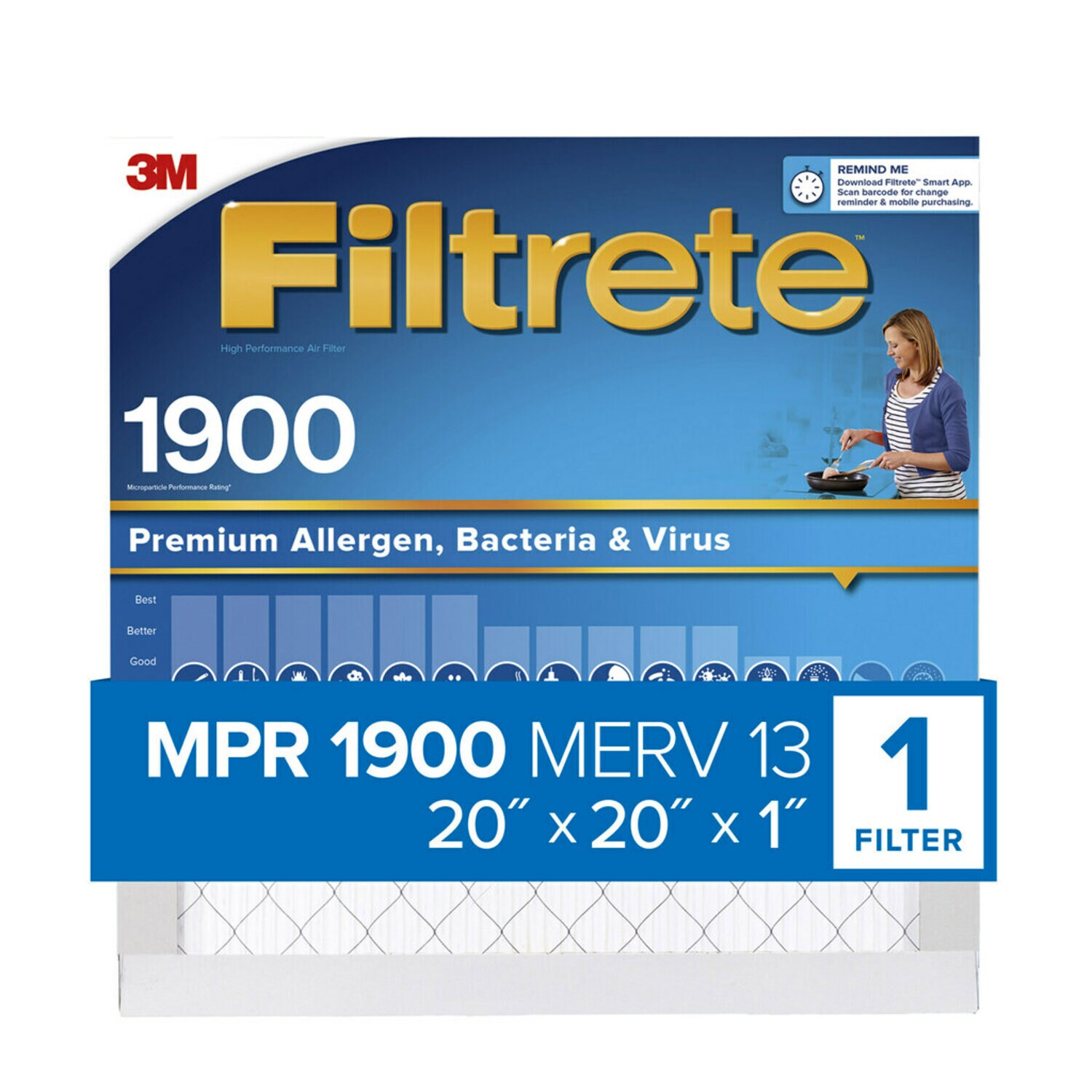 7100268221 - Filtrete Allergens, Viruses & Air Pollutants Air Filter 1900 MPR UA02-4, 20 in x 20 in x 1 in (50.8 cm x 50.8 cm x 2.5 cm)