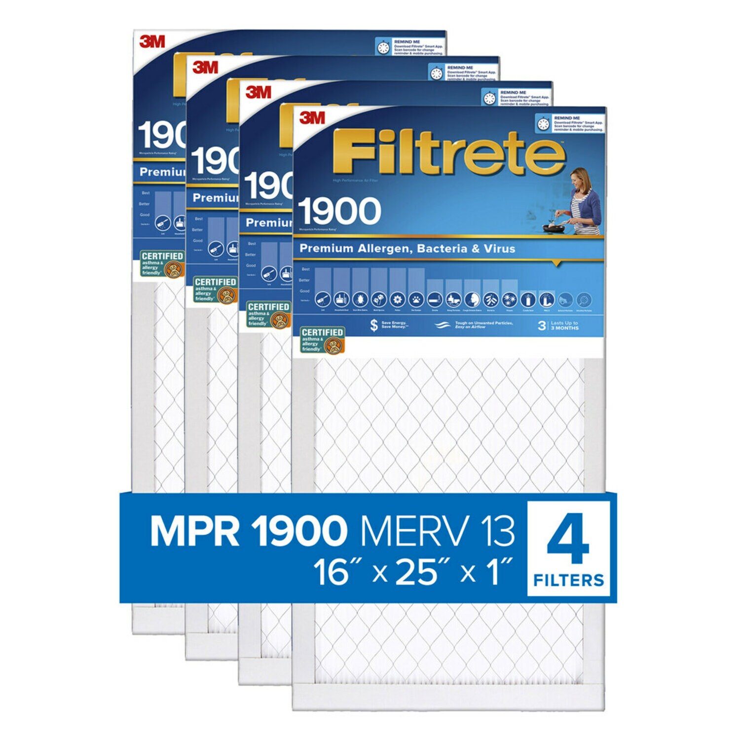 7100222940 - Filtrete High Performance Air Filter 1900 MPR UA01-4, 16 in x 25 in x 1 in (40.6 cm x 63.5 cm x 2.5 cm)