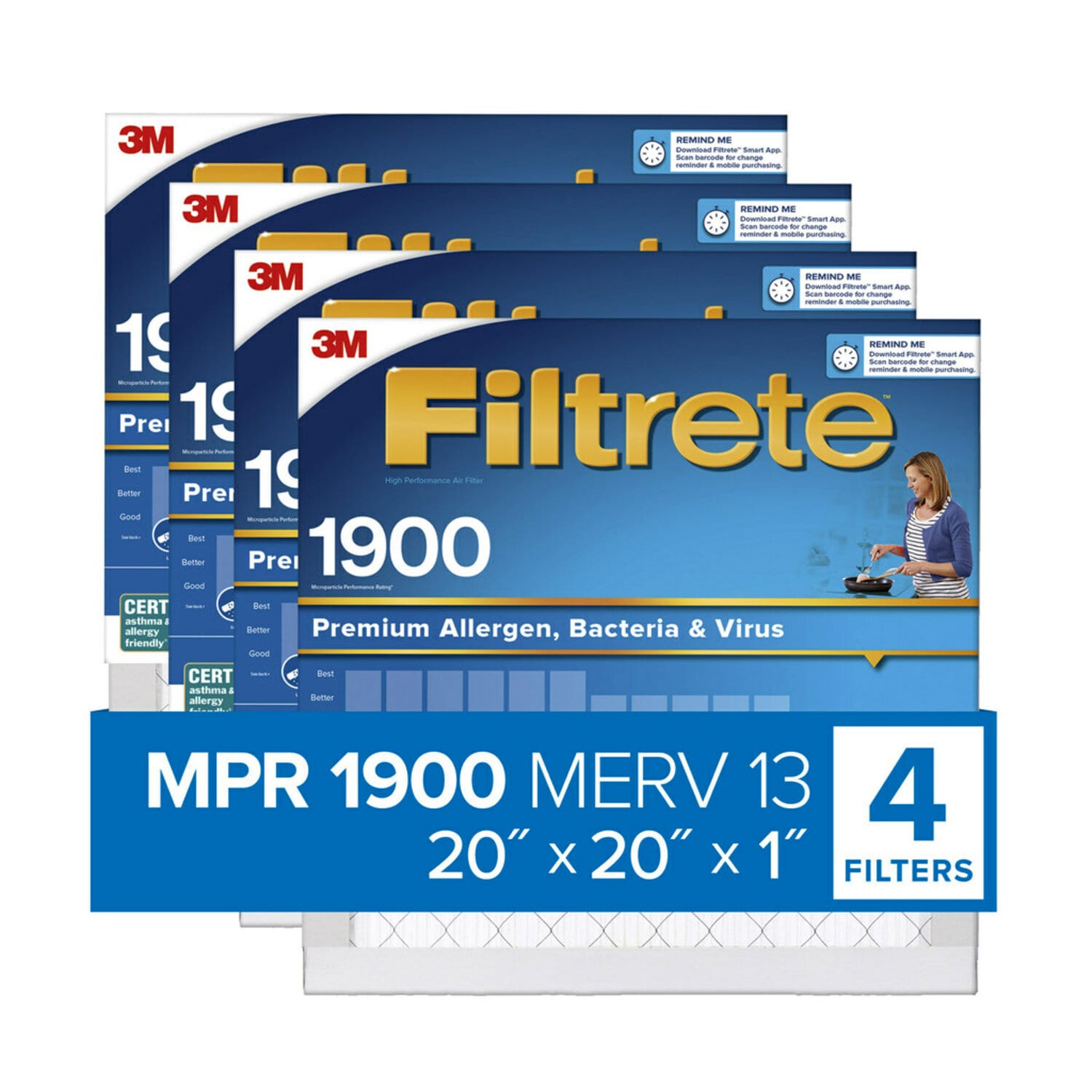 7100222949 - Filtrete Allergens, Viruses & Air Pollutants Air Filter 1900 MPR UA02-4, 20 in x 20 in x 1 in (50.8 cm x 50.8 cm x 2.5 cm)